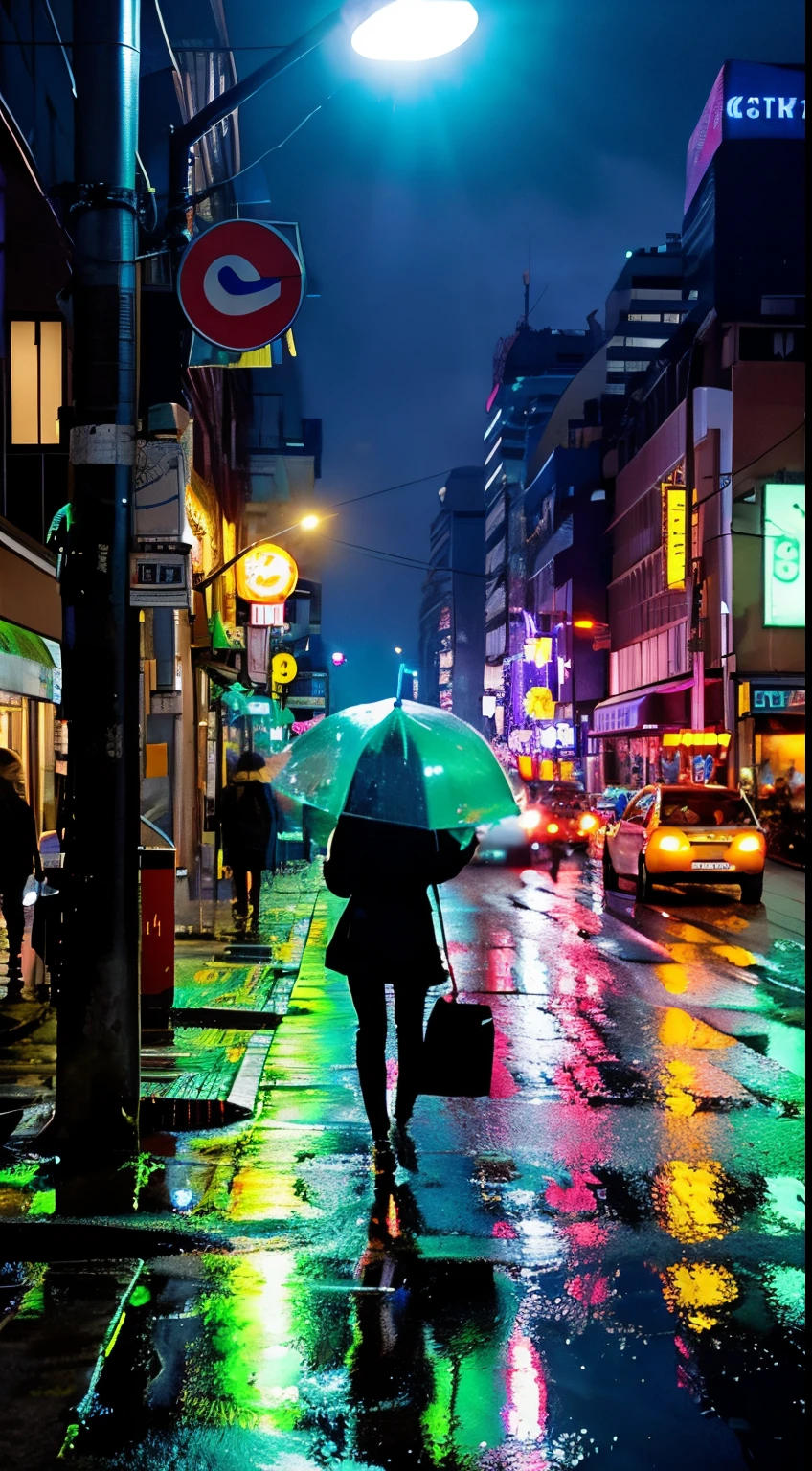 City night rain umbrella neon