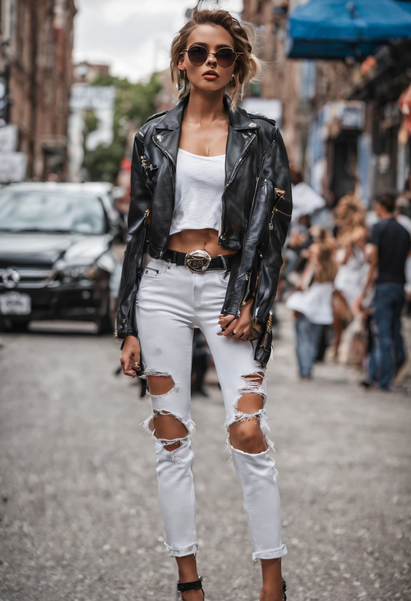 (masterpiece:1.2, best quality), 1lady, solo, upper body, big tits, Chic and edgy leather jacket paired with a classic white t-shirt and distressed jeans Confident and effortless with minimal makeup and a messy bun (Music festival or a trendy downtown neighborhood) Statement sunglasses and chunky jewelry, with a cross-body bag for convenience