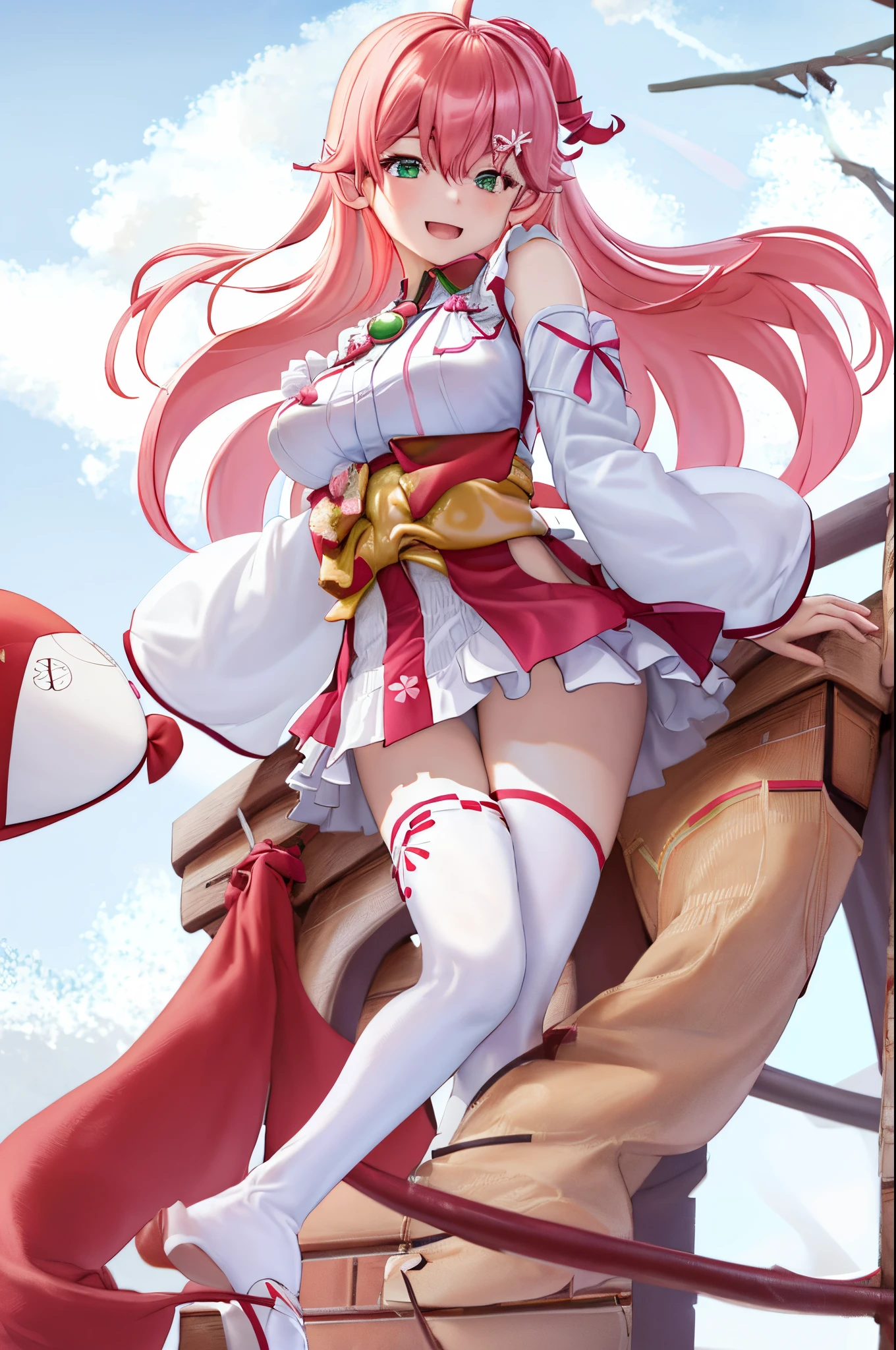 masterpiece, best quality, highres, sakura_miko, 1girl, (loli:1.3),medium_breasts, kimono, solo, ahoge, x_hair_ornament, pink_hair, floral print, hairclip,(side_less_clothes:1.3), (side_breasts:1.3), hair_bell, floral print, long_hair, hair between eyes, one side up, white_thighhighs, wide sleeves, open_mouth,(happy:1.3),green_eyes,smile,apart_legs,(overly_long_sleeves:1.3),),sleeves_past_wrists,hands_hidden_sleeves,sidelock_clothes,solo,hidden_wrists,(XD:1.5),covered_nipples,sunlight,(bare_flank:1.3),boots,open_mouth,kimono,close_eyes,.