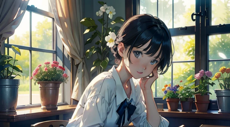 (Watercolor in Sargent style)、(top-quality、masterpiece)、(David Hamilton Style)、(softfocus)、Cinema Angle、ciinematic light、Soft light、(British traditional public school)、1girl in、、A stunning、Short black hair、Crisp face、(detailed face depiction)、small tits、tiny chest、校服、(long skirt)、window、Side table、Flowers on the windowsill、Botanical Garden、Flower Shop、The table、florals、houseplant、 The tree,