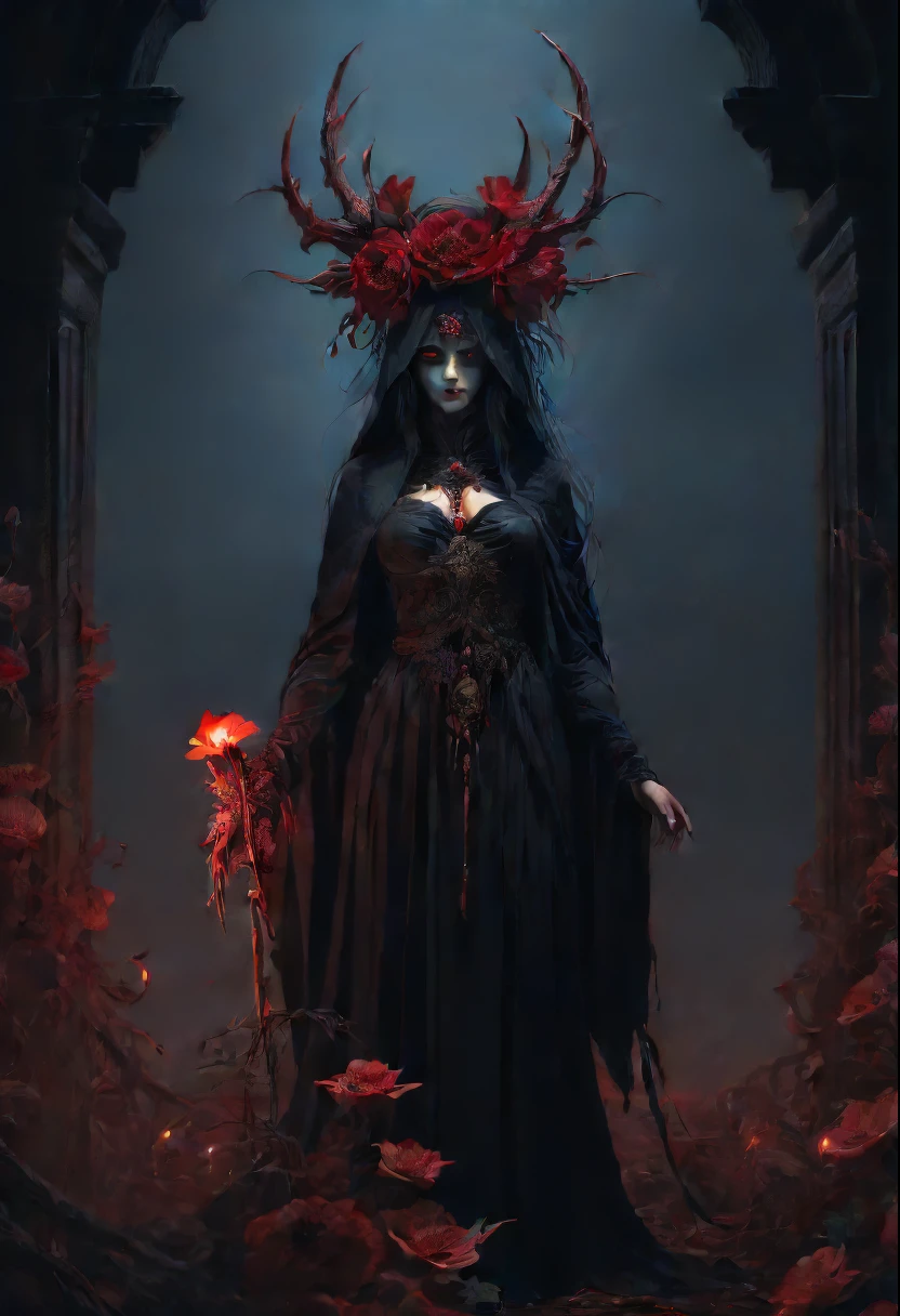 (Lycorisradiata:1.5)，Charming flower of the other side，Mysterious Manzhu Shahua，A bloody ghost flower blooming at the gate of hell，Leading the soul to the afterlife，Evil charm，Flirtatious，uncanny，dark fantasy style art, dark flower shaman, dark fantasy concept art, bloodborne concept art, dark concept art, Feiyu looking for flowers, Diablo digital concept art, dark fantasy art style, Dark flowers, 🌺 CG Society, bloodborne art, photorealistic dark concept art, Concept film, Ruben Tan,A painting of a red-robed woman standing in front of a demon, goddess of death, author：Hero, beautiful male god of death, beautiful elegant demon queen, dark fantasy style art, portrait of death, onmyoji detailed art, Persephone as the goddess of death, beautiful necromancer, Ominous fantasy illustration