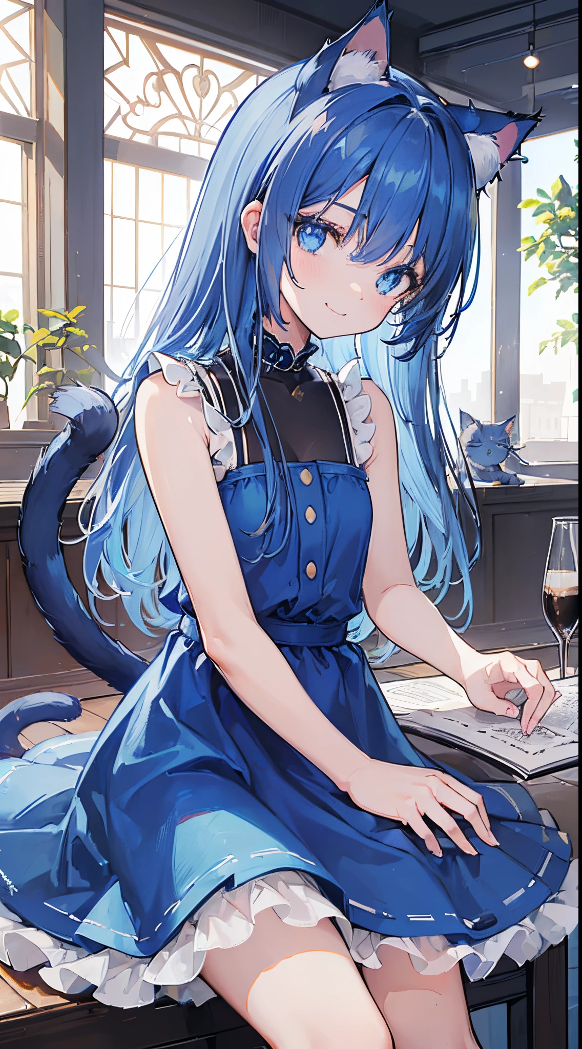 (((8K))), (((masutepiece))), (((Best Quality))), (((ultra-detailliert))), (((extremely delicate and beautiful))), (((high quality eyes))), (((Blue cat,Blue cat,Blue cat,Blue cat,Blue cat,))), (Eye focus), ((Smile)), (((Perfect ???????))), (((8K Coffee Shop))), (((8K Coffee Shop Background))), (((15 years old))), (((Glowing eyes))), (((Blue eyes))), (((Blue Long Hair))), (((Cat's ears))), (((Cat tail))), (((Blue Dress))), (((Sleeveless))),