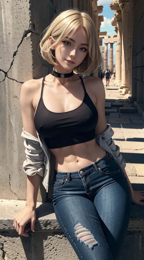 A 23-year-old white woman with unparalleled beauty.、blue eyess、dark blonde、hair is wavy、bob cuts、The ends of the hair are curled upwards、Leaning against the wall of the Parthenon ruins、a smile、View from the front、wearing black tanktop、wearing a black choker、I'm wearing hot pants made of jeans fabric with tight distressing.、The navel is out、My abs are cracked、Slender yet well-proportioned body with big breasts、sunlight is shining from above、Photorealistic images、8K picture quality、I'm punching my chest、I don't want my head to disappear from the screen.、The color of the jacket is random、I'm wearing a scrunchie on my wrist、Only one leg is wearing thigh-high orange stockings.、He wears a black opera glove on his right hand.