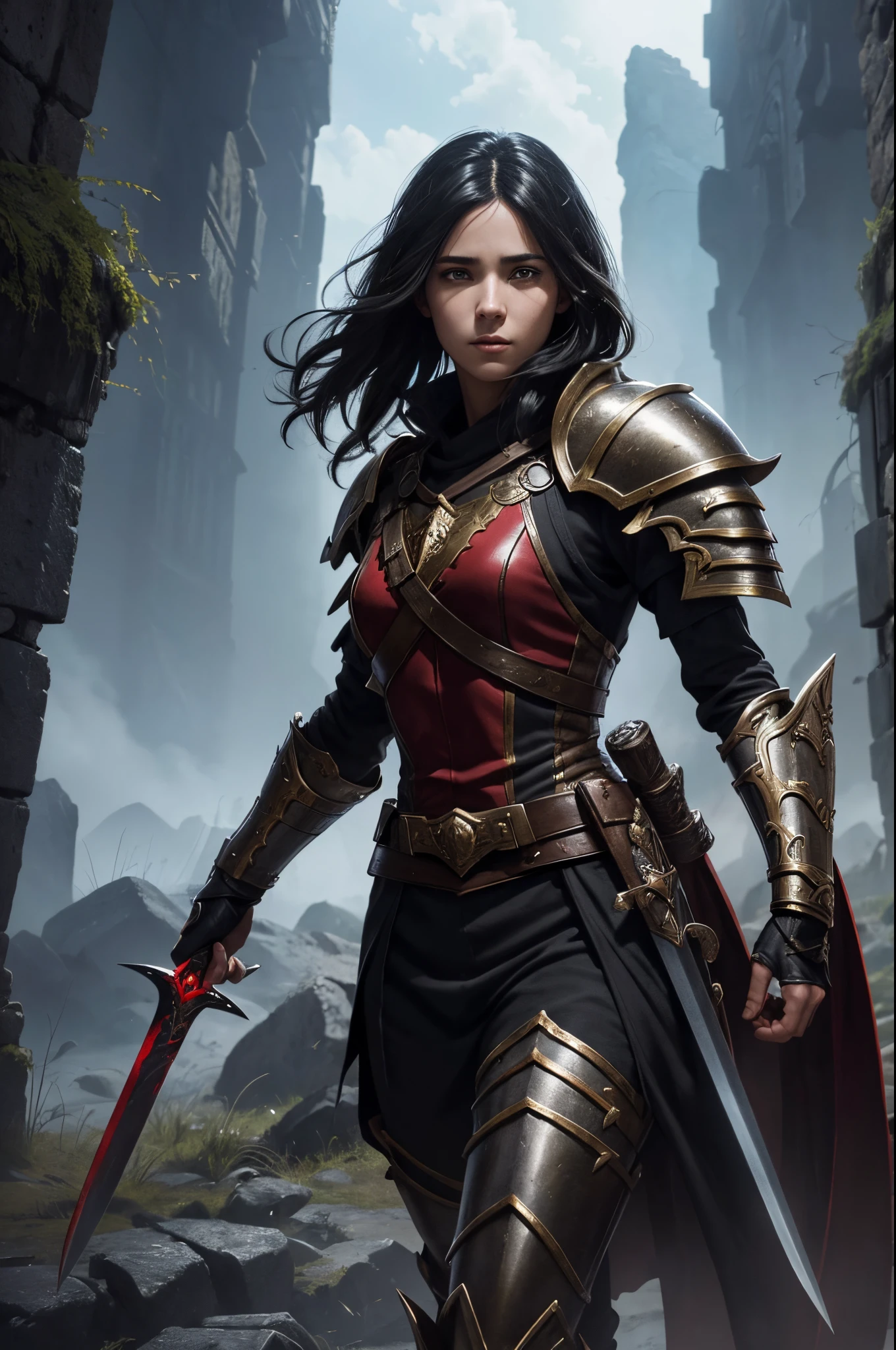 １Arafed image of a boy holding a book Japanese sword, Super handsome boy,Black eyes,Black hair short bob hair,black and red demon slayer,graphic artist magali villeneuve, epic fantasy digital art style, inspired by Magali Villeneuve, Trending in art stations, fantasy demon slayer, 超A high resolution,super realistic skin,epic fantasy style art, magali villeneuve, fantasy paladin, magali villeneuve, epic fantasy art style, fantasy art ruins,Battle scenery,battle field,Rugged look,direct one&#39;s gaze toward the viewer,