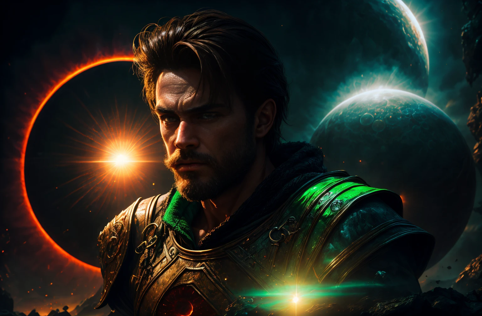 Portrait of a man, muscular, Caucasian, tanned skin, shoulder-length brown hair, pointed brown beard, brown eyes, wearing belt, wearing chainmail shirt, wearing white tunic, wearing white loincloth, (alien planet with 1 large red sun and 1 small green sun), dramatic stance, holding dagger, looking at viewer, bokeh, raytracing, realistic textured skin, particle effects, depth of field, beautiful figure painting, bright light, amazing composition, HDR, volumetric lighting, ultra quality, elegant, highly detailed, masterpiece, best quality, high resolution,