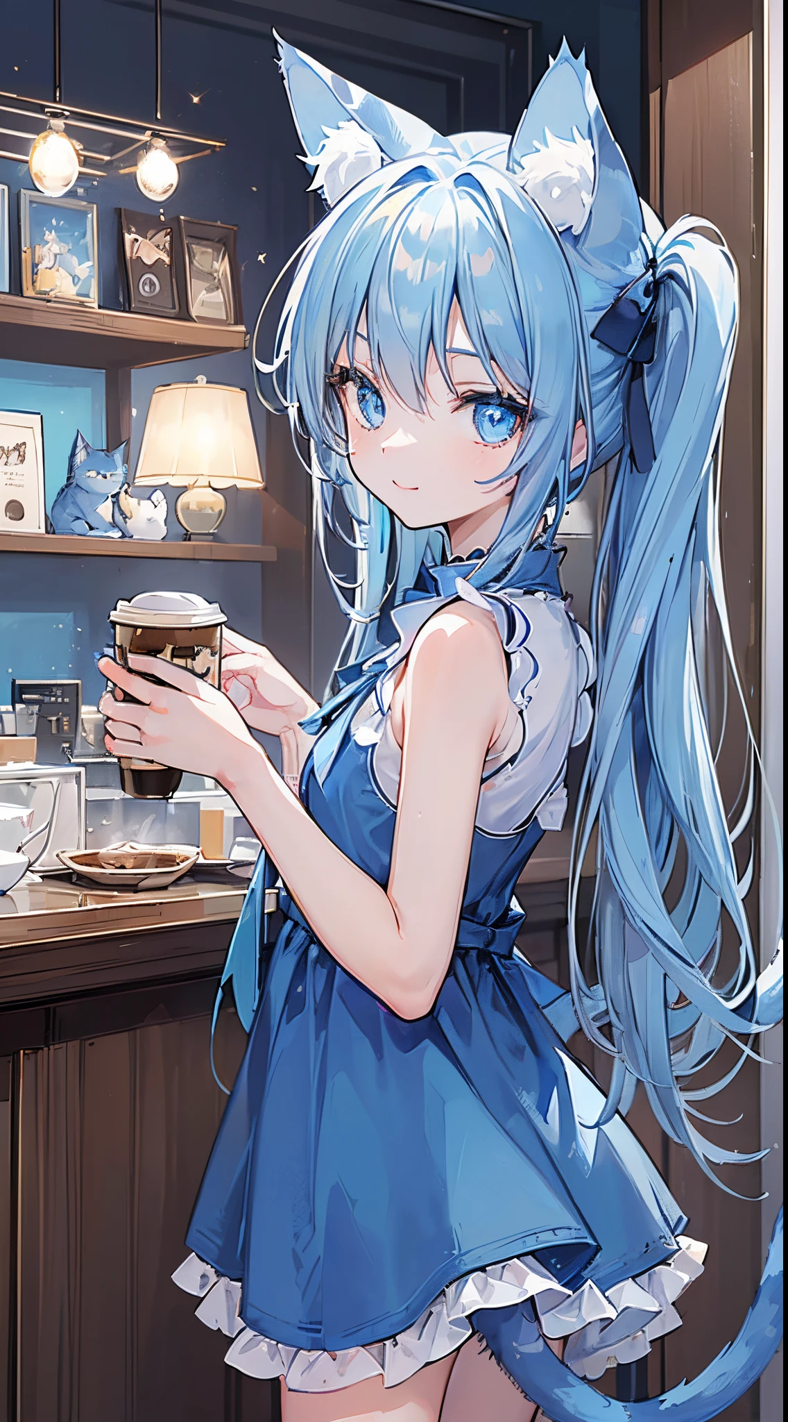 (((8K))), (((masutepiece))), (((Best Quality))), (((ultra-detailliert))), (((extremely delicate and beautiful))), (((high quality eyes))), (((Blue cat,Blue cat,Blue cat,Blue cat,Blue cat,))), (Eye focus), ((Smile)), (((Perfect Anatomy))), (((8K Coffee Shop))), (((8K Coffee Shop Background))), (((15 years old))), (((Glowing eyes))), (((Blue eyes))), (((Blue Long Hair))), (((Cat's ears))), (((Cat tail))), (((Blue Dress))), (((Sleeveless))),