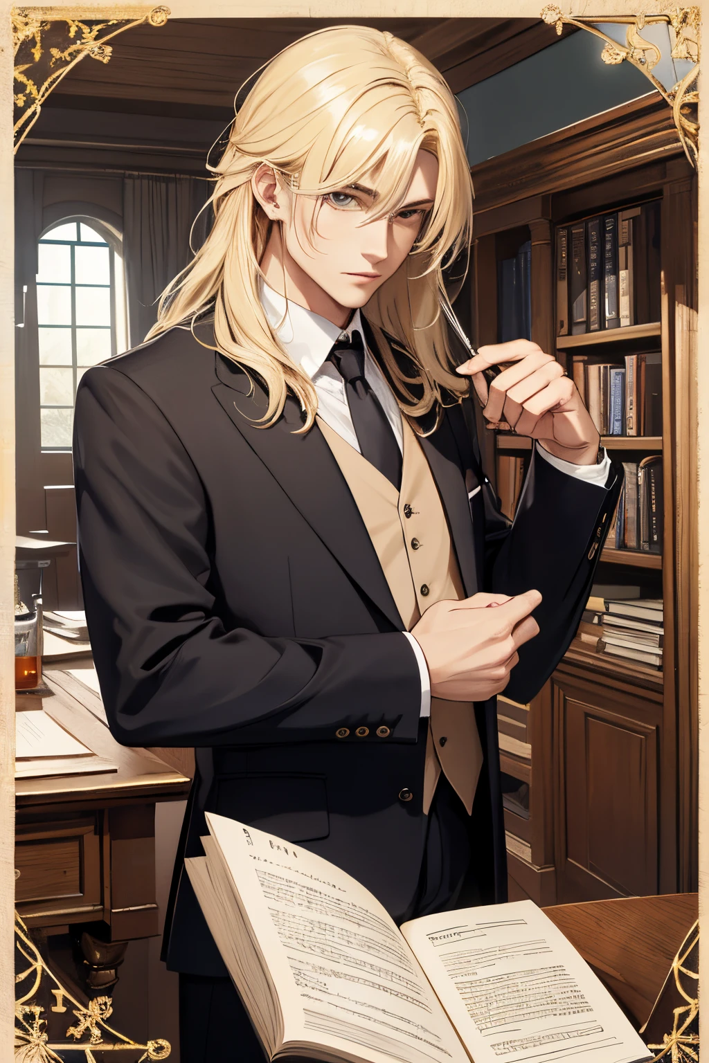 The prompt for the given theme can be:

"best quality,8k wallpaper,masterpiece:1.2,ultra-detailed,middle ages，Wear a suit，light blonde medium length hair，man，shoun，Tie，holding hardcover book