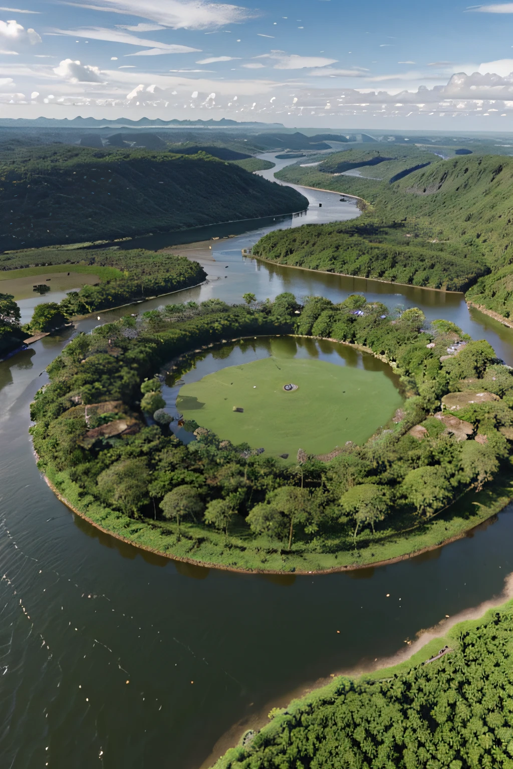 Create a circular village on the waters of a river in florest Amazon in Brazil