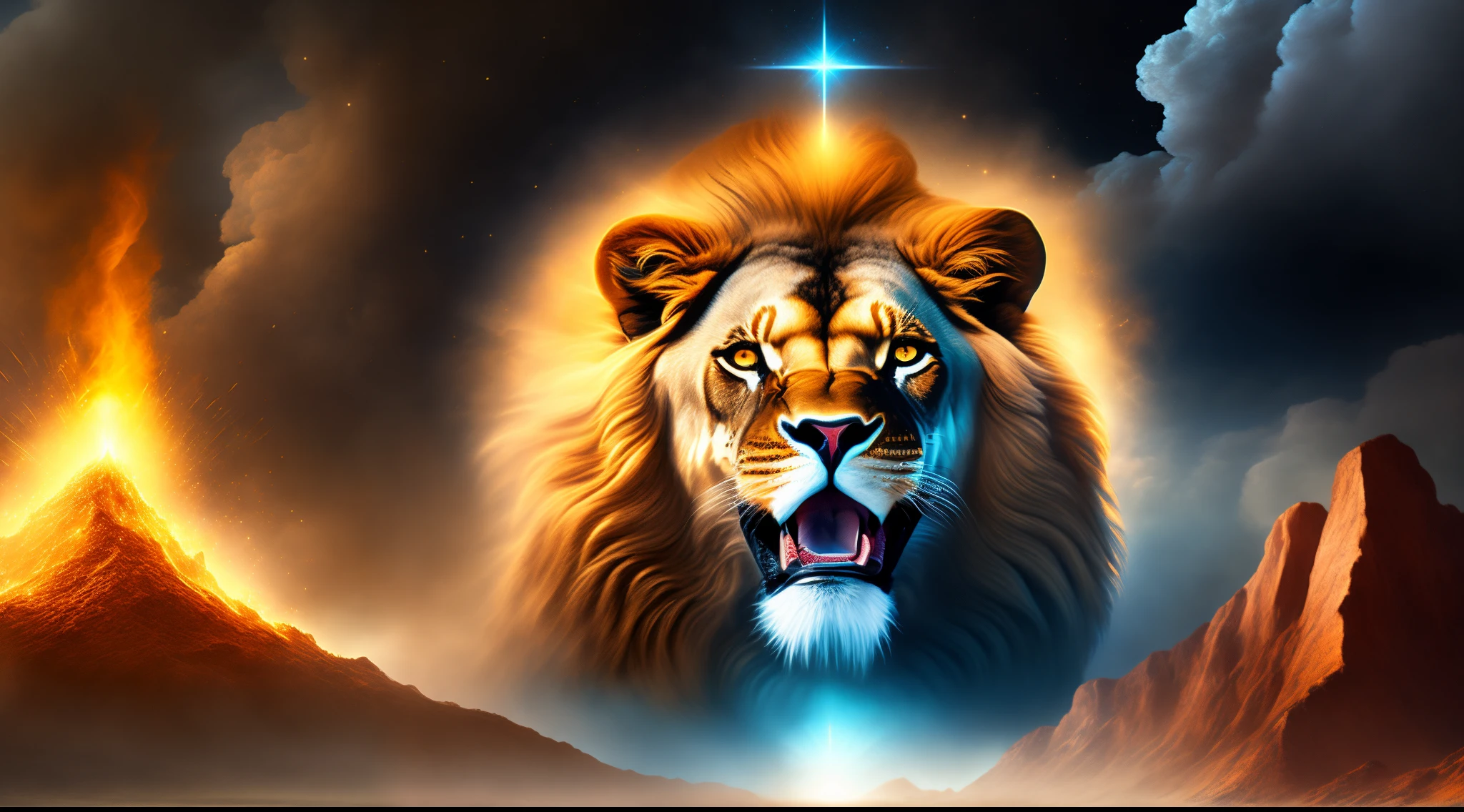 Cor Preta predominante, highlighted lion roaring, Labaredas de fogo, Diamond Crown on the Lion&#39;s Head, Elementos de fundo Menorah, Letras das 12 tribos de Israel, Apocalipse, Armagedom, Arrebatamento, New Jerusalem, Trombetas, Trono, 50 Elders, sobrenatural, thunders, Estrelas, Nuvens, Salvation of the People, Anjos, Fogo Celeste, Espada flamejante, Coroa de Diamantes