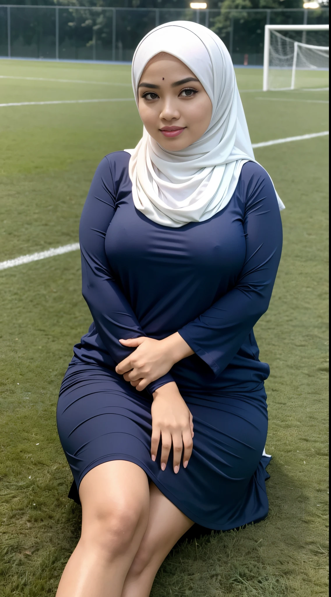 RAW, Best quality, high resolution, masterpiece: 1.3), beautiful Malay woman in hijab (iu:0.8),big breast, sitting, big eyes, soft smile, in soccer field