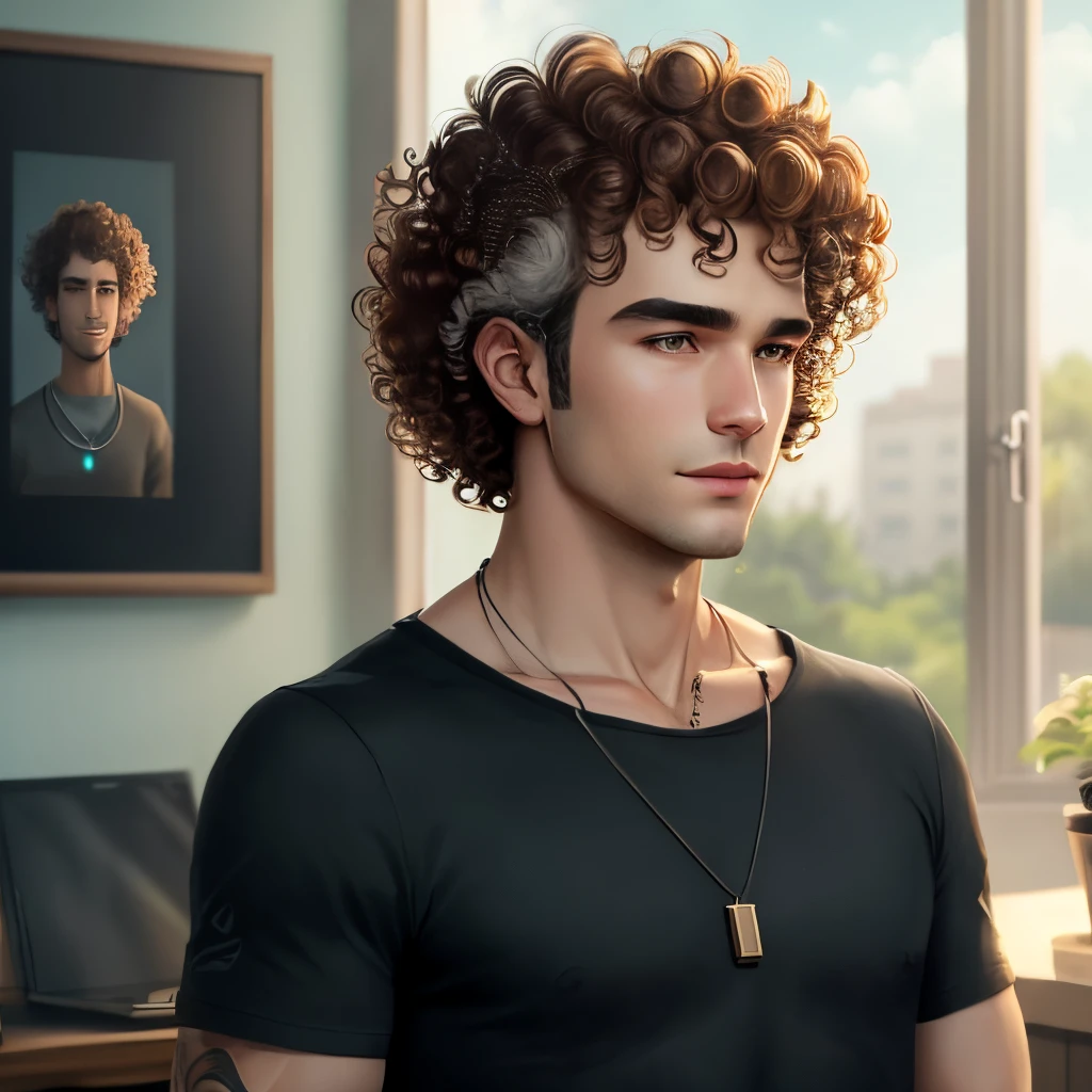 Medium height character, technological necklace, curly hair without glasses, forte , homem