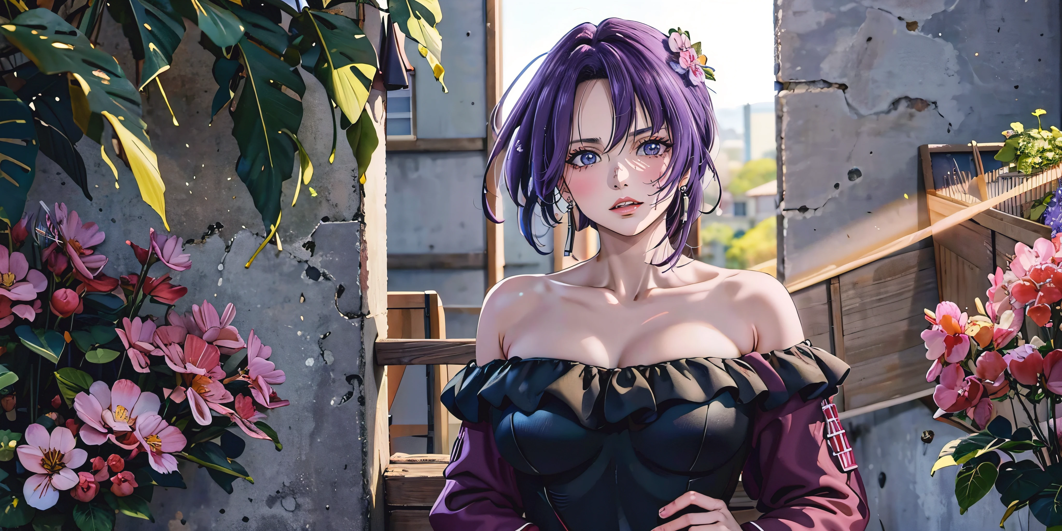 anatomically correct, best quality, masterpiece, high quality, high details, highres, HD, (shaded face:1.2), hollow eyes, purple eyes, looking at viewer, heavy breathing, embarrassed, clenched teeth, blush face, lips, purple hair, long hair, huge breasts, one-shoulder one-piece swimsuit, black one-piece swimsuit,1girl, cherry_blossoms, breasts, solo, petals, japanese_clothes, collarbone, bare_shoulders, lips, cleavage, looking_at_viewer, flower, hair_ornament, makeup, floral_print, upper_body, large_breasts