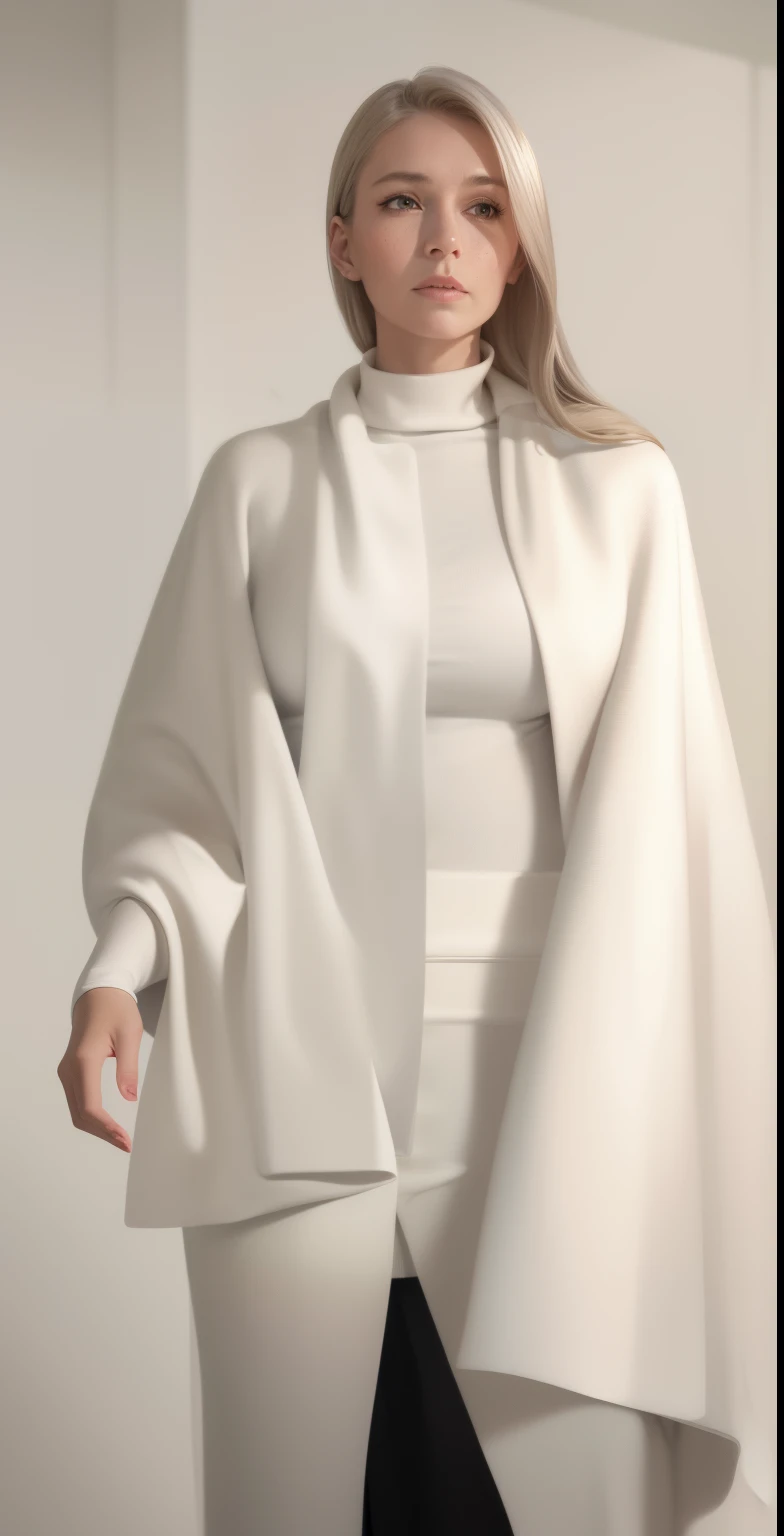 arafed woman wearing a WHITE cape and a turtleneck sweater, flowing realistic fabric, wearing a luxurious WOOL cloak, realistic clothing, elegant cape, wearing a luxurious cloak, cloak. extremely high details, large draped cloth, long flowing cape and cowl, realistically rendered clothing, draped in WOOL, flowing cape, flowing fabric, realistic fabric, shawl