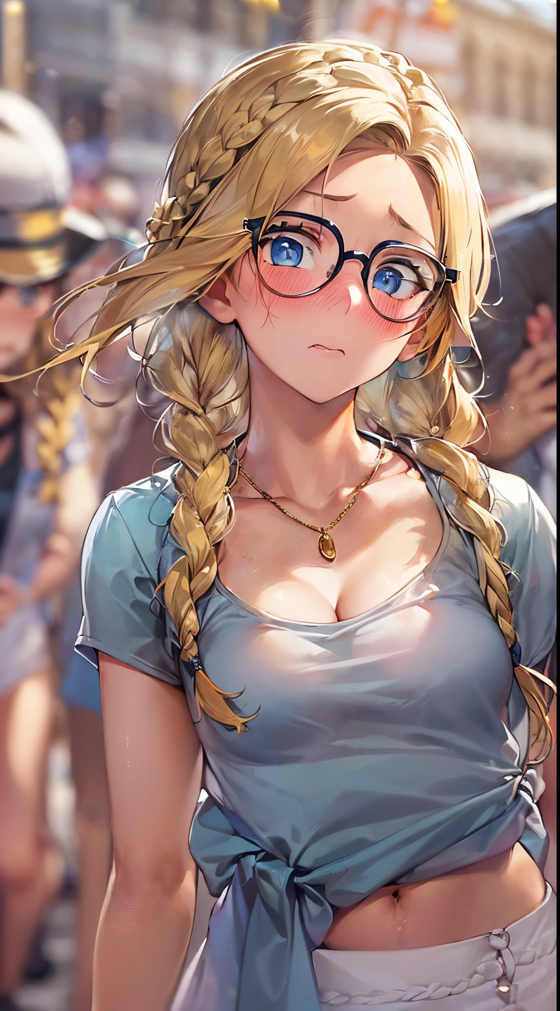 1womanl,Golden hair, ,((Impatient expression)),Beautiful breasts,The bikini,well-styled,,(Facing the front)(((Blushing cheeks、Surprised look)),(((Braids))),((( is standing,Portrait from the knee up)))Frameless glasses,Blue eyes,(Bangs are aligned)(((Street,Crowds)))((Mouth open))