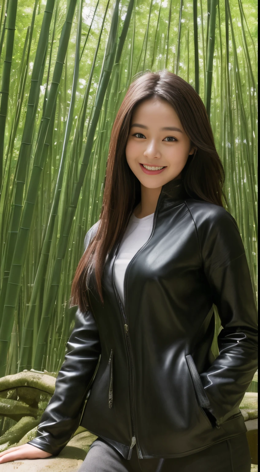 on a warm spring afternoon，Figure 1 is from the highest quality 8K masterpiece.Picture 3 shows a 19-year-old girl。She is wearing a black leather jumpsuit，This leather jacket includes top and pants，Fits her body tightly。She sat leisurely on a large moss-covered stone in the bamboo forest by the river....。Sunlight shines through the green bamboo leaves，A layer of soft light and shadow enveloped her body。Her skin looks fairer in the sun，Contrast with black one-piece leather jacket。

From this point of view，we can see the girl&#39;of the whole body。She is slim and healthy，A one-piece leather jacket hugs her body，Show off her graceful curves。her legs positioned naturally，Toes lightly touch mossy stones，Looks elegant and calm。

That girl&#39;Eyes bright and focused，smiling and looking into the camera，It seems to be telling a beautiful story。Her smile is like the spring breeze blowing through the bamboo forest，Make people feel the vitality of youth and vitality of life。in this picture，We seem to feel her inner joy and love for life。

The surrounding bamboo forest is quiet and vibrant，The river flows gently，Create a peaceful scene with the girl。This scene is like a beautiful poem，Telling about the beautiful time in spring afternoon。