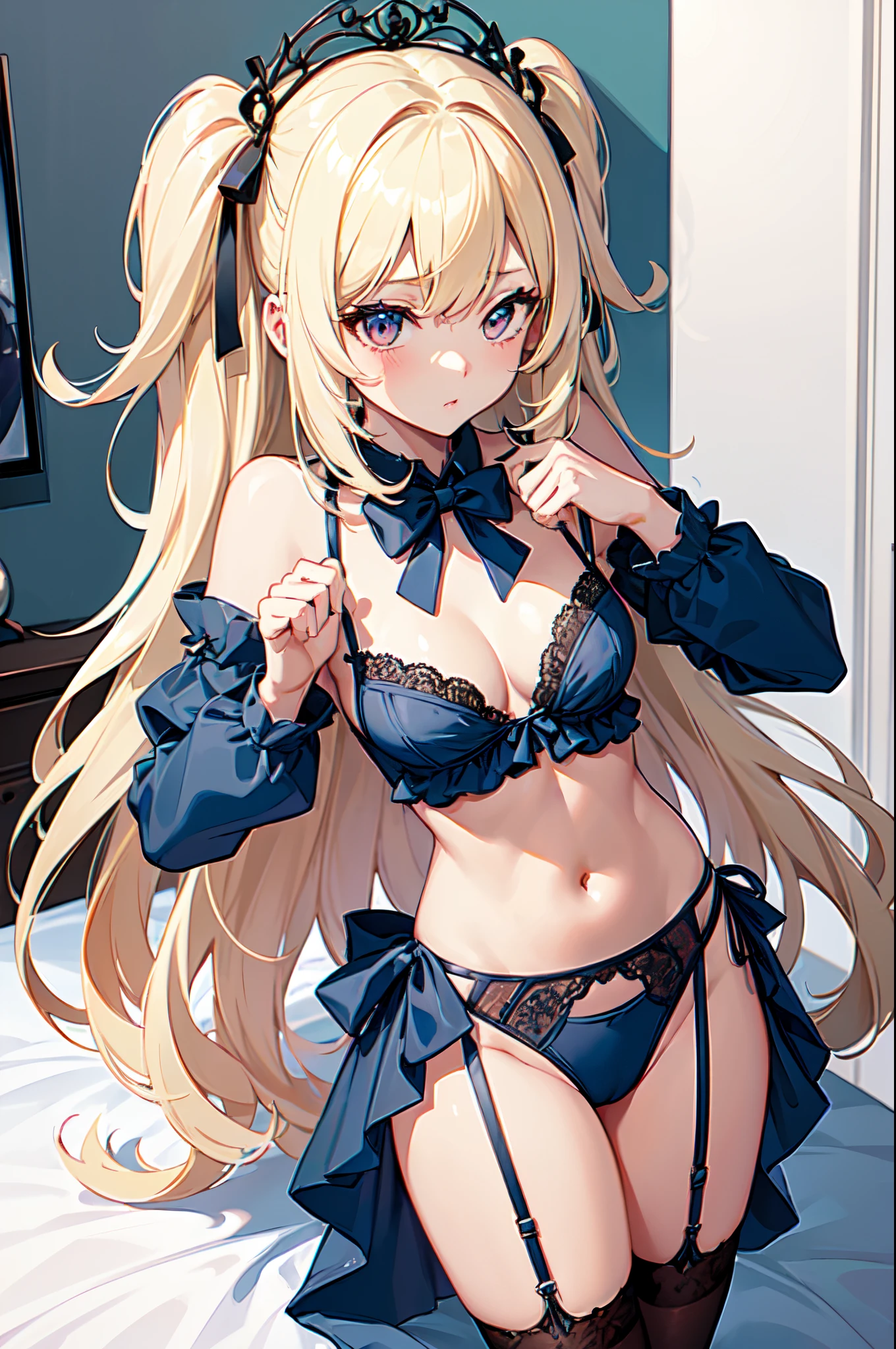 ((Best Quality)), (ultra-detailliert), ((Extremely detailed)), (Beautiful), ((Kawaii Girl)),  ((UHD)), (masterpiece), (high quality), (best quality), (4K), (high quality), 1, solo girl, 1girl, ((platinum blond hair)), parted bangs, ((hair intakes)), long hair, (hair two side up long), ((jade colored eyes)), slanted eyes, medium breasts, slender body, lite blue, doll trimmed with lace, side tie panties, garter belt, bedroom, anime