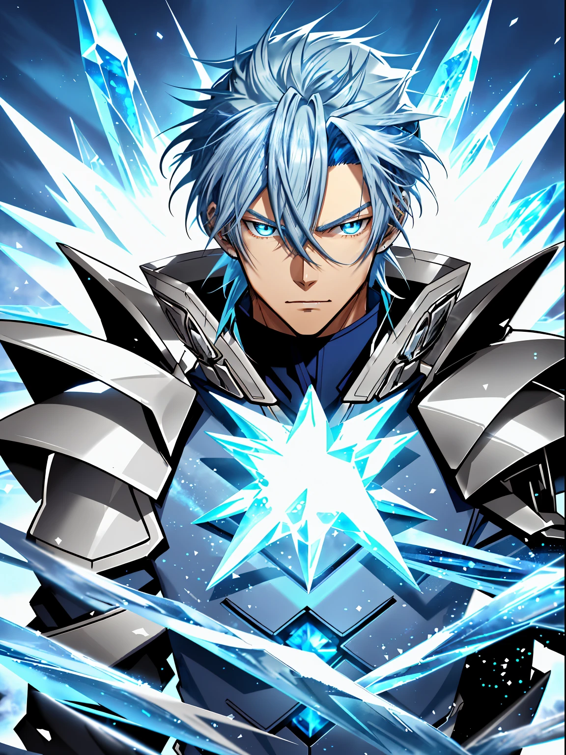 Anime character with blue hair and eyes in snowy scene, Ice Mage,  Tall blue eyed anime character, freezing blue skin, Key anime art,, male anime characters, ice crystal armor, Detailed key animation art, Magic Knight complete avatar, blue and ice silver coat, Possess the power of ice