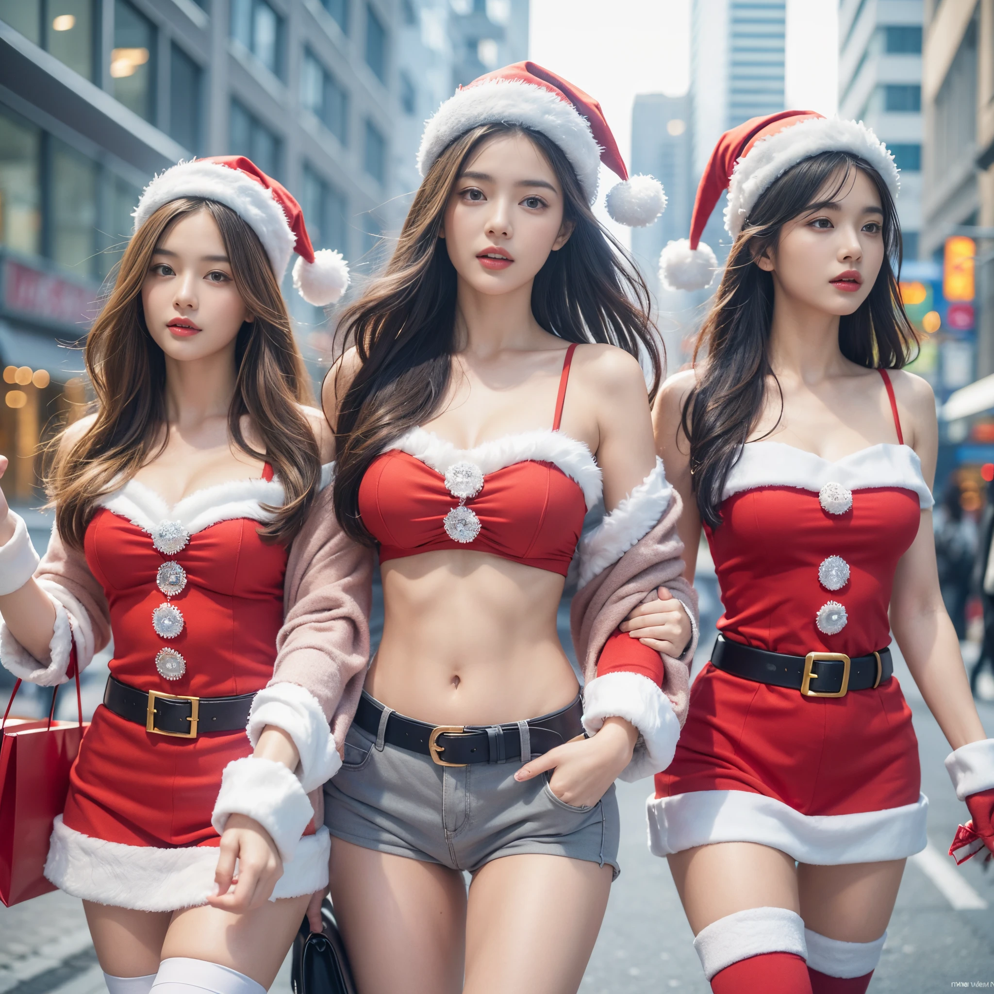 (Raw photo:1.2), (Photorealistic), Beautiful detailed girl, Very detailed eyes and face, Beautiful detailed eyes, Huge file size, High resolution, Very detailed, Best Quality, [masutepiece:1.6], Illustration, Very detailed, Fine detail, Best Quality, 8K Wallpaper, Movie Lighting,Three -yeld wo dressed as Santa Claus, stylish santa claus, Stylish winter cityscape of Tokyo, Walking briskly, Friendly woman having fun conversation, Woman like a model, santa claus in modern style, Vogue style santa claus woman