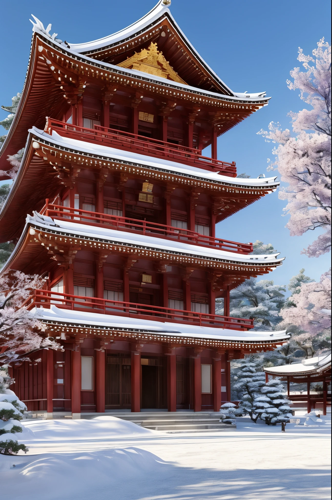 ((top-quality, in 8K, ​masterpiece)), Beautiful Japan scenery, Snow is piled up, ((Five-story temple)), ((Dry landscapes)), Beautiful building, Fascinating architecture, a photorealistic rendering, real life structure, Realistic scenery, charming temple, High Quality DSLR Photography, Professional Photography, photo portrait 8k,realistic 3 d style, beautifulRealistic, 3d realistic, hyper realstic,