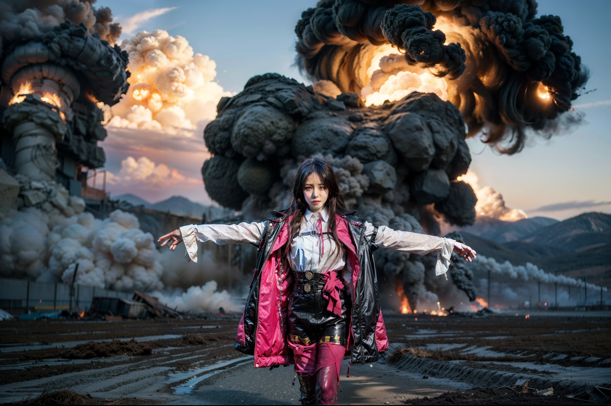 Arafed woman in pink jacket standing in front of a huge explosion ...