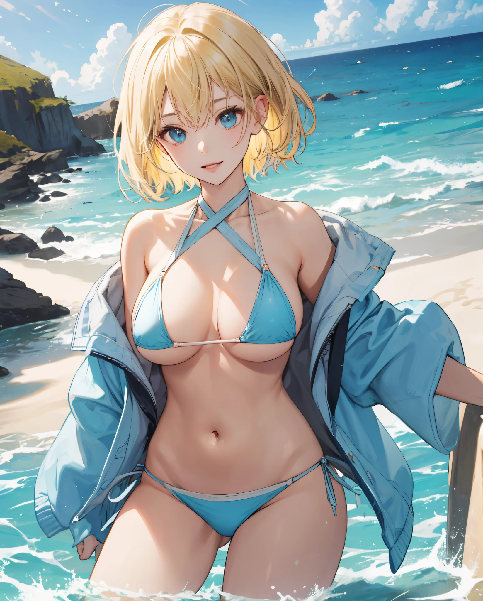 Light blue bikini She has short blonde hair, parted in the middle. large boob near the ocean beautiful and pure girl Highlight your beautiful face and body