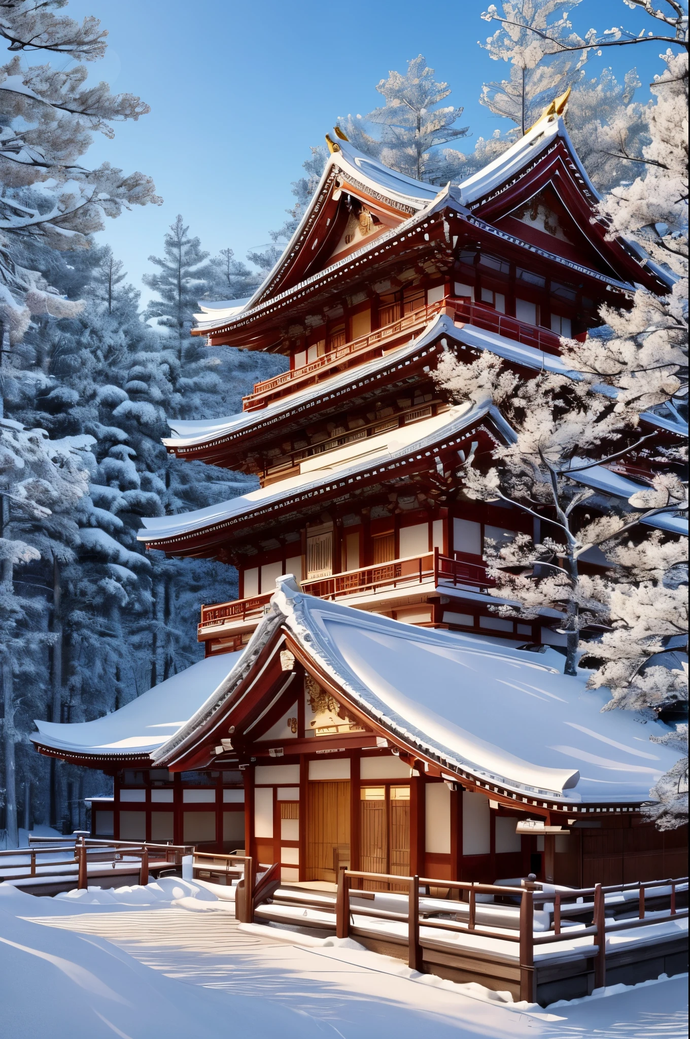 ((top-quality, in 8K, ​masterpiece)), Beautiful Japan scenery, Snow is piled up, ((Five-story temple)), ((Dry landscapes)), Beautiful building, Fascinating architecture, a photorealistic rendering, real life structure, Realistic scenery, charming temple, High Quality DSLR Photography, Professional Photography, photo portrait 8k,realistic 3 d style, beautifulRealistic, 3d realistic, hyper realstic,