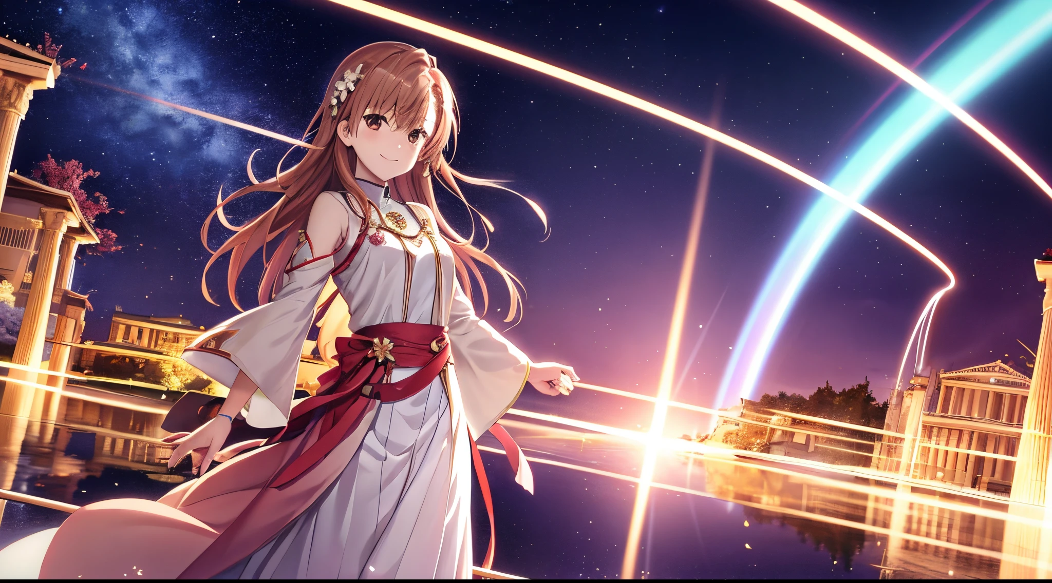 Anime view of Misaka mikoto, 1girl, teen girl, kawaii, solo, chestnut hair, hairpin,brown eyes, standing, looking at viewer,smile,ethereal white robe,praying beads on neck, long skirt,flower fields in greek Acropolis waterfalls,night sky nebulae,anime style,deep depth of field,wide angle view,Lumen Reflections,Screen Space Reflections,Diffraction Grading,Chromatic Aberration,GB Displacement,Scan Lines,Ray Traced,Anti-Aliasing,FXAA,TXAA,RTX,SSAO,Shaders,OpenGL-Shaders,GLSL-Shaders,Post Processing,Post-Production,cell Shading,Tone Mapping,CGI,VFX,SFX,insanely detailed and intricate, 4K