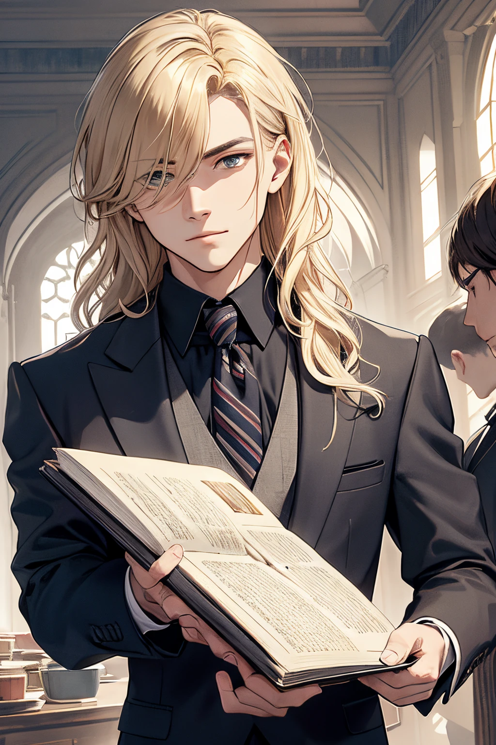 The prompt for the given theme can be:

"best quality,8k wallpaper,masterpiece:1.2,ultra-detailed,middle ages，Wear a suit，light blonde medium length hair，man，shoun，Tie，holding hardcover book
