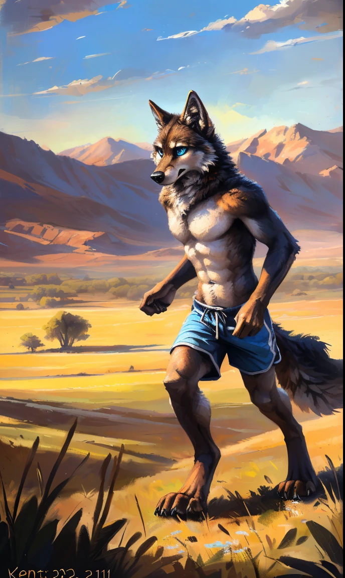 ((Solo)), male people, coyote, (Multi-colored fur, White-brown:1.3), ((Wolf face, White hair, Big eyes, White eyelids, Blue pupil, Slim:1.2) (Tough, Calm expression:1.2)), Abs, Slim, pinging)), (Correct anatomy), The upper body is naked,large tail,Feet,Longer torso,(Realistic fur, Detailed fur texture, labeled:1.3)), (Natural lighting), Photorealistic, Hyperrealistic, ultradetailed, by Kenket,Naked all over the body,Endless grasslands,erect through,On the run