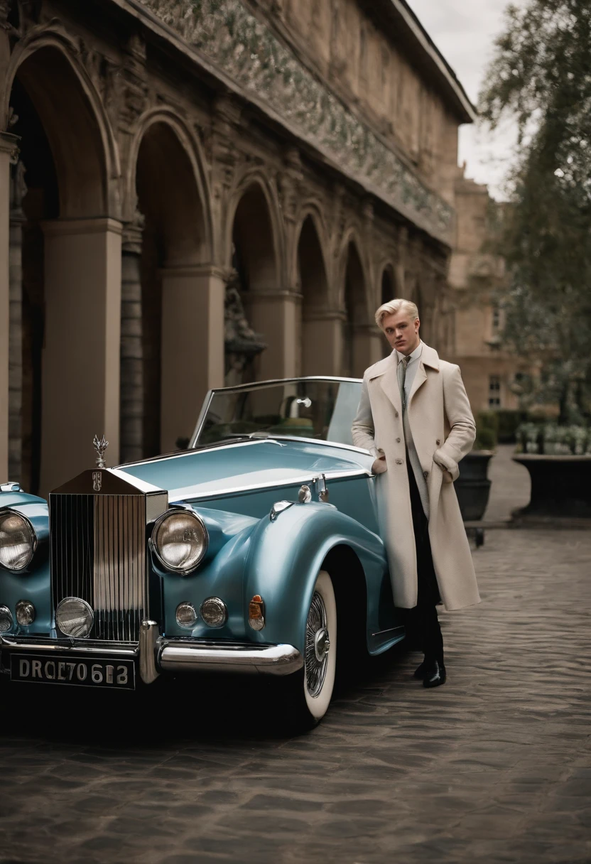 A photo of Draco Malfoy posing in front of a vintage Rolls-Royce, wearing designer clothing and holding a Montblanc fountain pen.,Harry Potter series,Draco is tall with neat platinum blonde hair, icy blue eyes, wears Slytherin Hogwarts robes, famously portrayed by Tom Felton