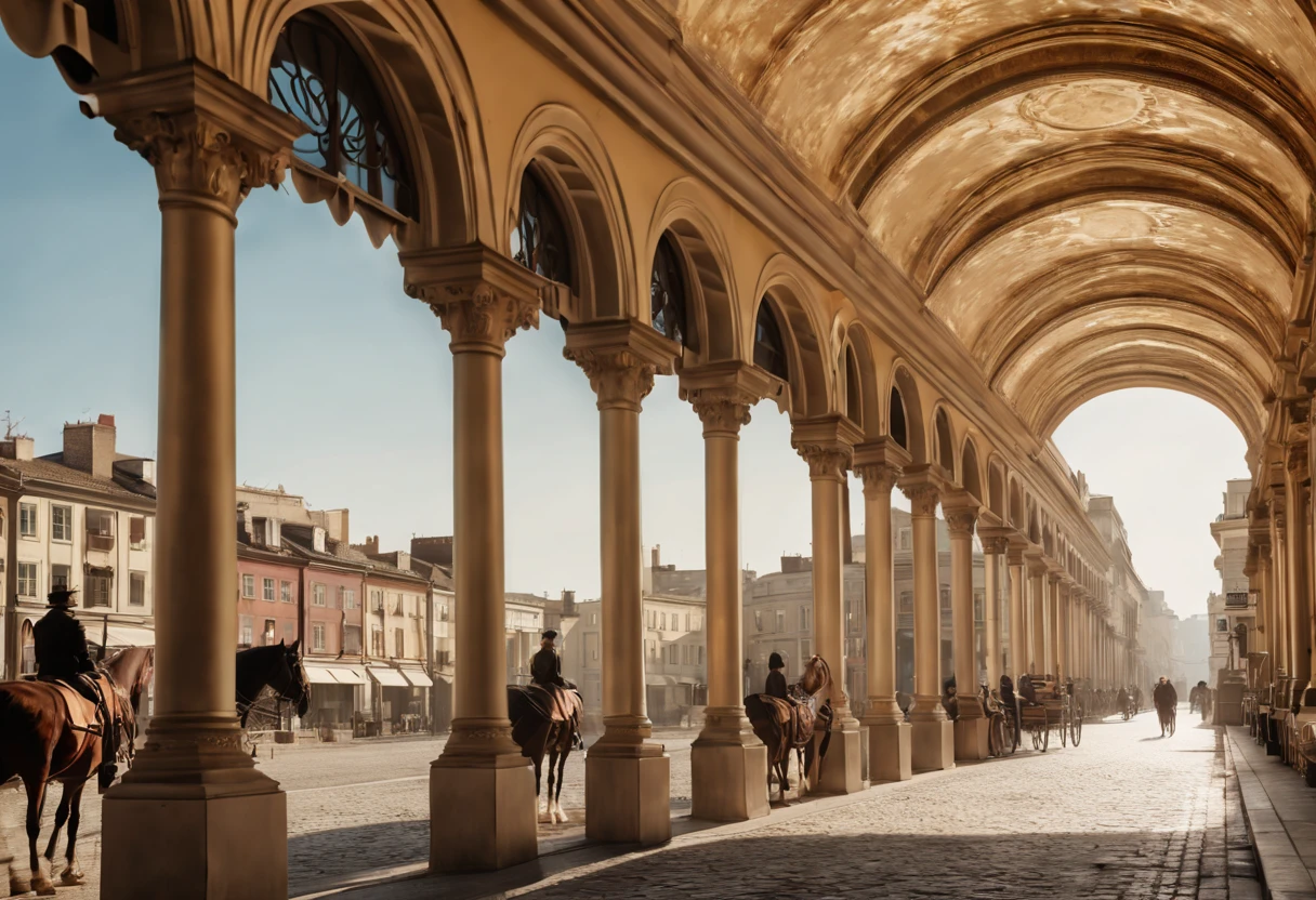 Breathtaking cinematic old photograph of a 19th century downtown ((diagonal image compositing: 1.32)), (((looking from standing behind a (rhythmic arched arcade row):1.32))in the foreground, in the background there is a the street where((some people) are walking: 1.2)) and (horses pulling fancy carriage: 1.32)), (realistic perfect human faces):1.2, ((highly detailed facial features)),photorealistic, colored analog old photo, people wearing antique 19th century clothes, lifelike human skin textures, early in the morning,(( soft volumetric lighting )), wind blows,(city skyline), ((natural light spreads on the houses on the ((square of the town: 1.2))), (opened windows), intricate detailed architectonical decorated elements and statues on the buildings, In a long part of the street ((golden light beams spread over: 1.2)) like a ((bridge)),(((the bottom of the sky is crimson colored)), ((view point variations)), intricate details, photorealism, photorealistic, hyperrealism, ultra realistic, lifelike textures, neutral colors, cinematic lighting, dramatic lighting, soft front light, sharp focus, wide angle, film grain, dslr, raw photo,