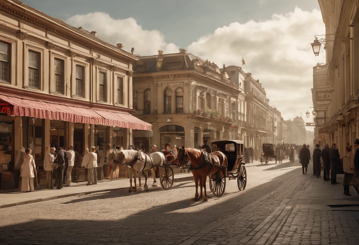 Breathtaking cinematic old photograph of a 19th century downtown ((diagonal image compositing: 1.32)), (((looking from standing behind a (rhythmic arched arcade row):1.32))in the foreground, in the background there is a the street where((some people) are walking: 1.2)) and (horses pulling fancy carriage: 1.32)), (realistic perfect human faces):1.2, ((highly detailed facial features)),photorealistic, colored analog old photo, people wearing antique 19th century clothes, lifelike human skin textures, early in the morning,(( soft volumetric lighting )), wind blows,(city skyline), ((natural light spreads on the houses on the ((square of the town: 1.2))), (opened windows), intricate detailed architectonical decorated elements and statues on the buildings, In a long part of the street ((golden light beams spread over: 1.2)) like a ((bridge)),(((the bottom of the sky is crimson colored)), ((view point variations)), intricate details, photorealism, photorealistic, hyperrealism, ultra realistic, lifelike textures, neutral colors, cinematic lighting, dramatic lighting, soft front light, sharp focus, wide angle, film grain, dslr, raw photo,
