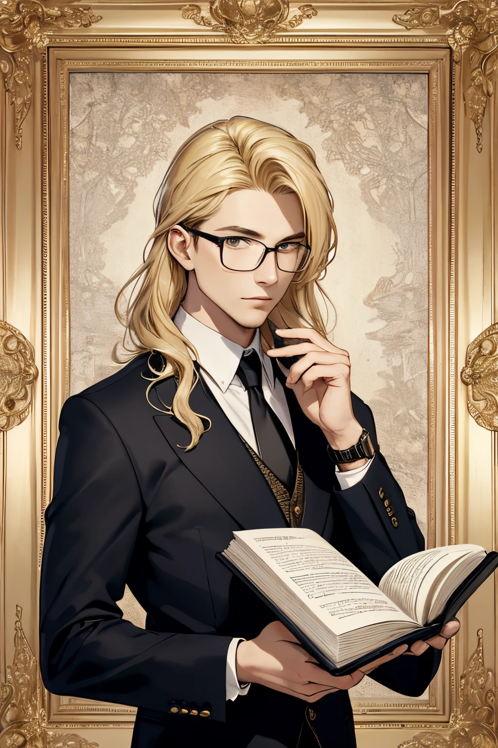 "best quality,8k wallpaper,masterpiece:1.2,ultra-detailed,middle ages，Wear a suit，light blonde medium length hair，man，shoun，Tie，holding hardcover book，wearing a watch，Tie your hair，Hold the book，Wearing gold frame glasses