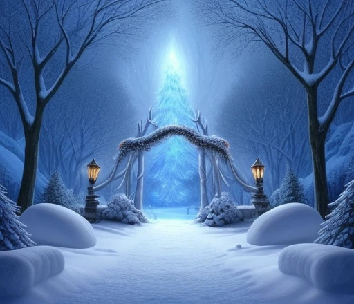 Una obra de arte que representa un bosque cubierto de nieve con copos de nieve, creating a fantasy winter scene that transports the viewer to a magical and enchanted world.