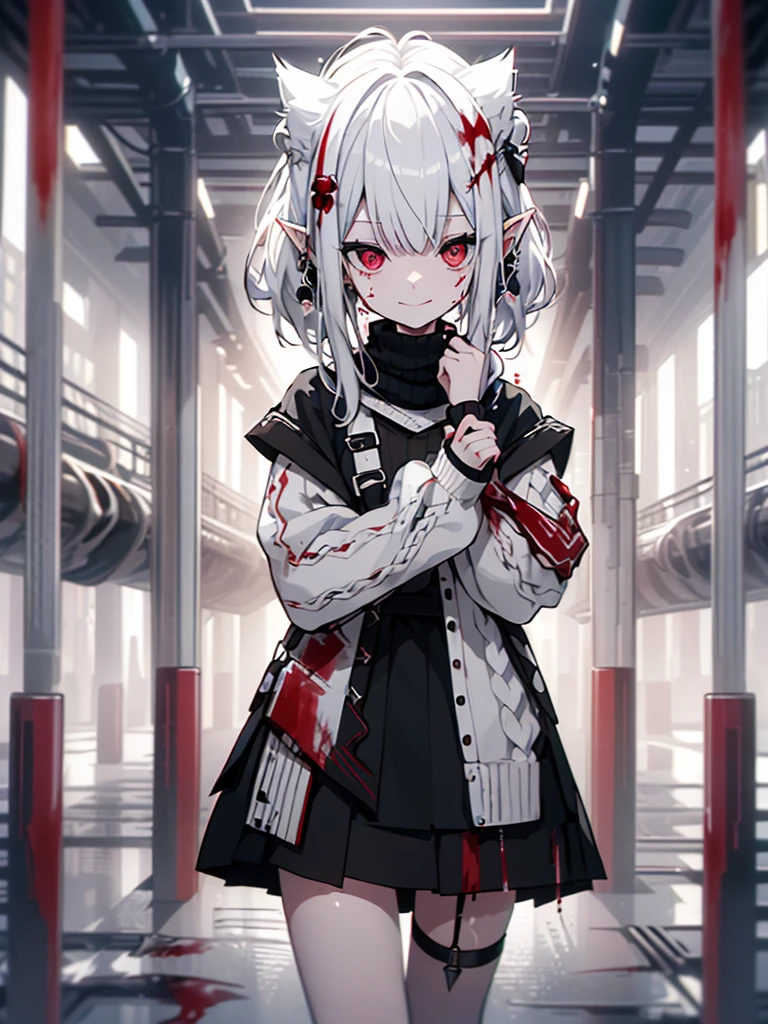 Best quality at best，1girll，Solo，Light blue hair，Red eyes，Dark environment，disdain，Look up at the perspective，Sick，Darkness，Blackened，Blackened，Blackened，frontage，Tired expression，Shoe soles，morbid，sneering，haughty，White horns