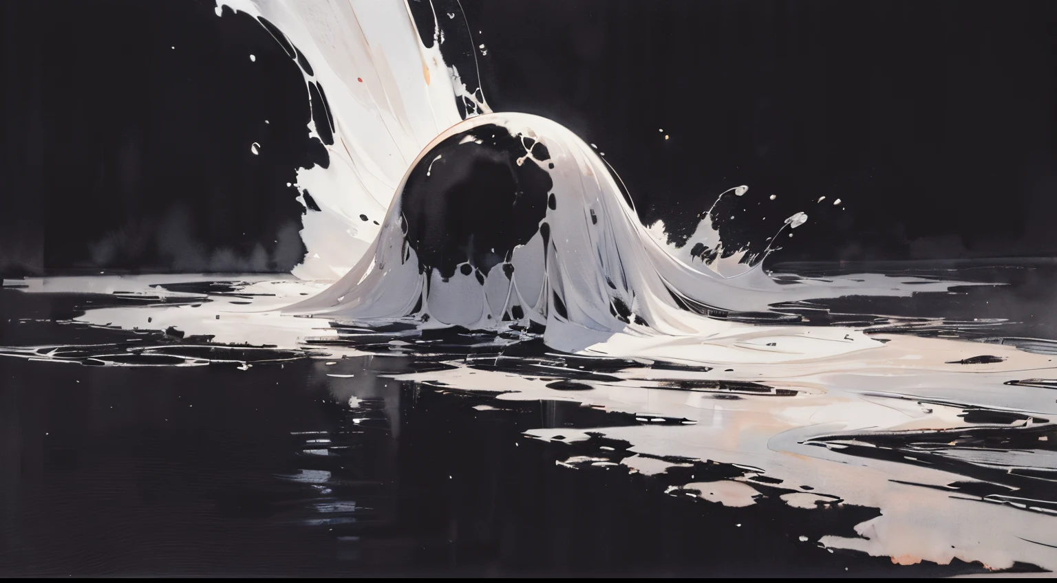 ((masutepiece)), (Professional Photography:1.2), (High Definition:1.3), Best Quality, (watercolor painting:1.3), from below, wide shot, (erotic atmosphere), copious mucus dripping, (simple black background:1.10), pale silver fine ink splashing, landscape