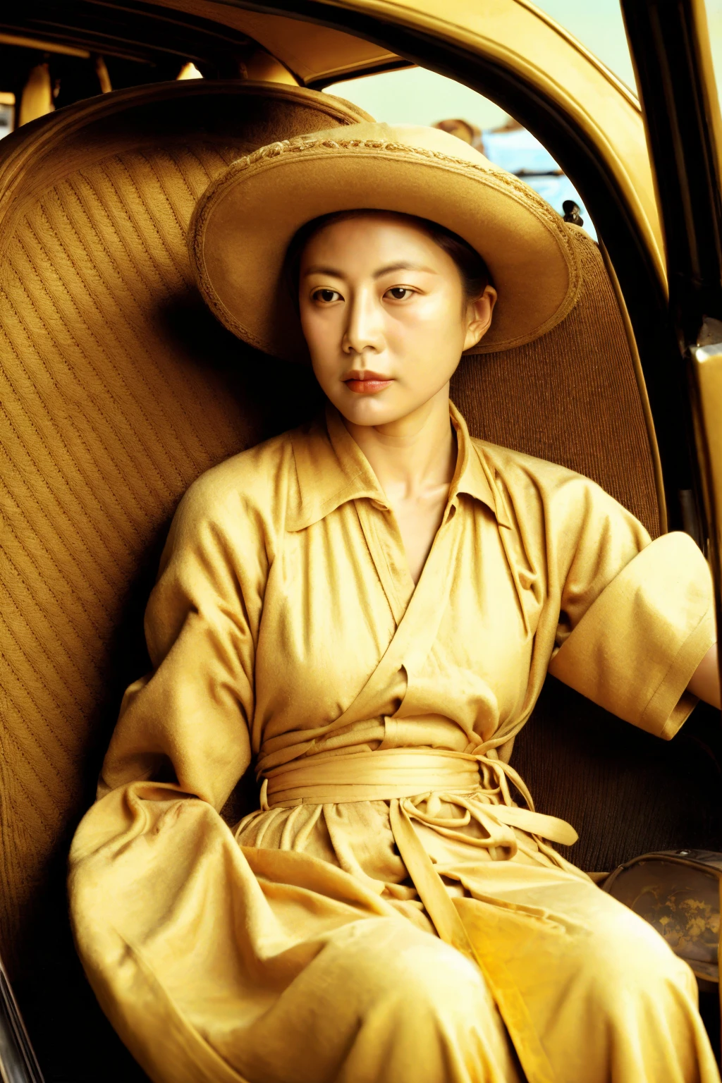 goyounjung, a woman sitting in the driver's seat of a car, sergio leone, gold detailed collar, boho style, greta garbo, yellow cap, products photo from gun magazine, bewitched, dirty short sleeved shirt, bekinski, fierce - looking, made of wool, raw sienna, restored color, the empress, smiling