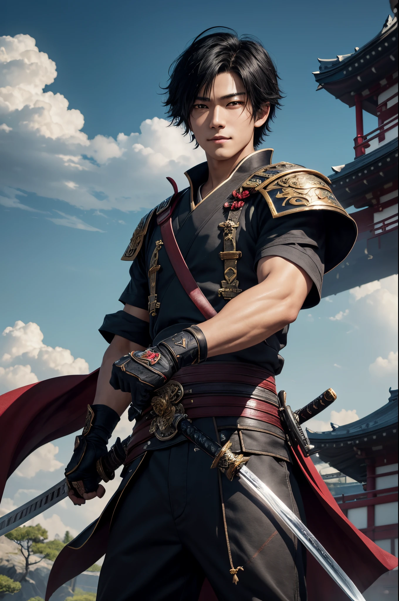 8K、独奏、16 year old boy,Super handsome boy,handsome boy with dark eyes,Black hair short bob hair,Black and red exterior,Golden decoration(Armed with a long Japanese sword)、facing the front there、demon slayer boy,ruins,magnificent artwork、Wind effect:1.9、cloud effect:1.2、Full Rendering、Encaustic Painting、unrealengine、1 Japan sword,An expression that remains innocent,Cute Boy,超A high resolution,super realistic skin,Super precise hand details,１holding a book Japanese sword,Fantasyart,a smile,