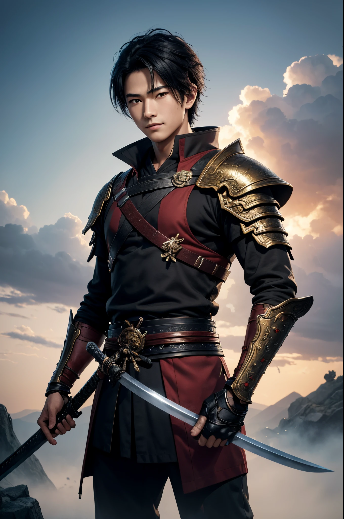 8K、独奏、16 year old boy,Super handsome boy,handsome boy with dark eyes,Black hair short bob hair,Black and red exterior,Golden decoration(Armed with a long Japanese sword)、facing the front there、demon slayer boy,ruins,magnificent artwork、Wind effect:1.9、cloud effect:1.2、Full Rendering、Encaustic Painting、unrealengine、1 Japan sword,An expression that remains innocent,Cute Boy,超A high resolution,super realistic skin,Super precise hand details,1holding a book Japanese sword,Fantasyart,a smile,