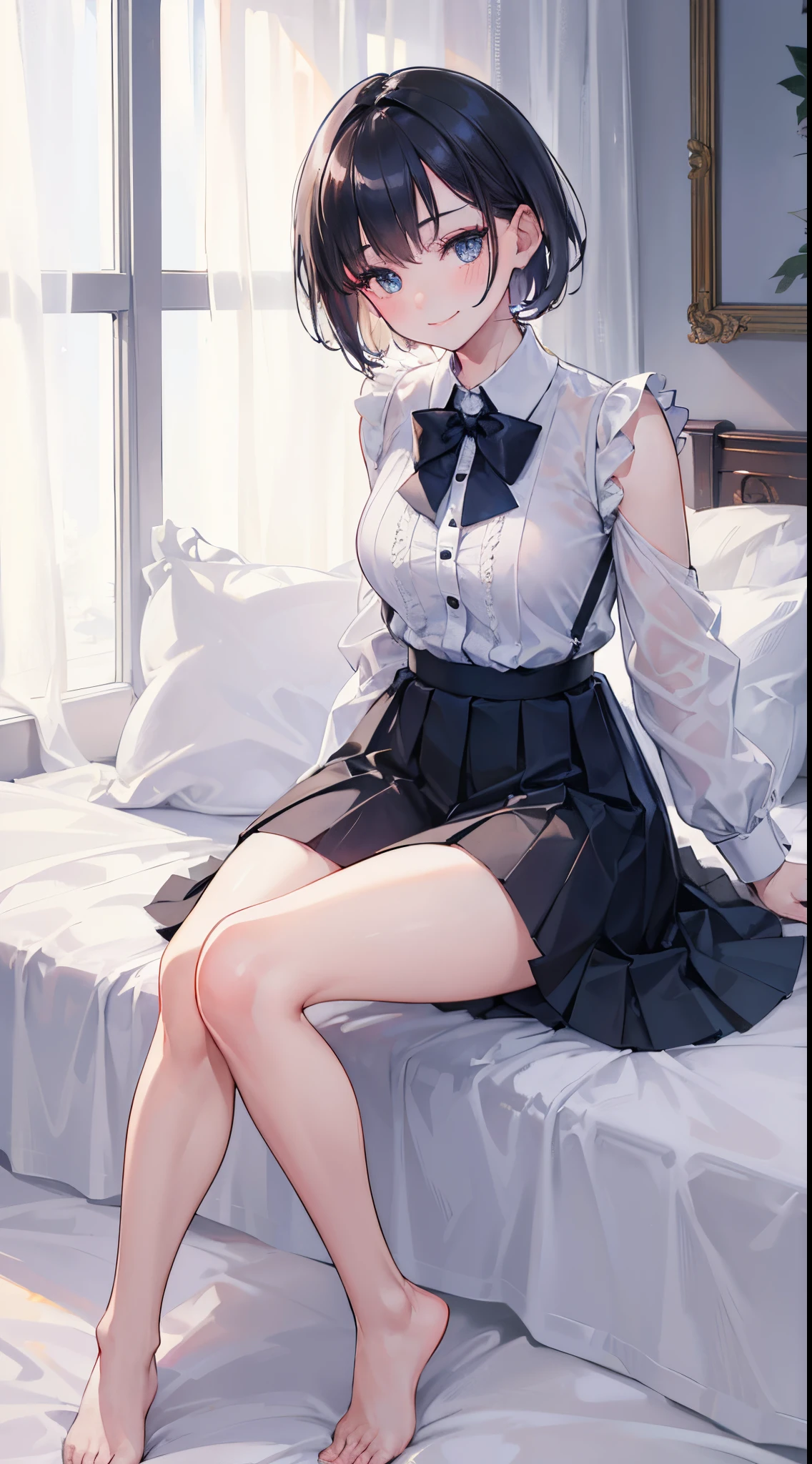 Full body of one schoolgirl、slender body shape、Slender lower body、slender legs、The toes are slightly open、Sleeping facing the front on a white bed、brown haired、Longhaire、blushing、Shy eyes、small tits、Underwear、Thigh-length black sheer stockings without shoes、She wears pure white panties under her stockings.、Wearing a pure white bra、Pure white underwear、inside in room、6K、masterpiece、top-quality、best、超A high resolution、intricate-detail、An ultra-fine illustrations、perfect anatomia、Correct anatomy、perfectly proportions、face perfect、perfect hand、perfect leg、perfect fingers、18year old、