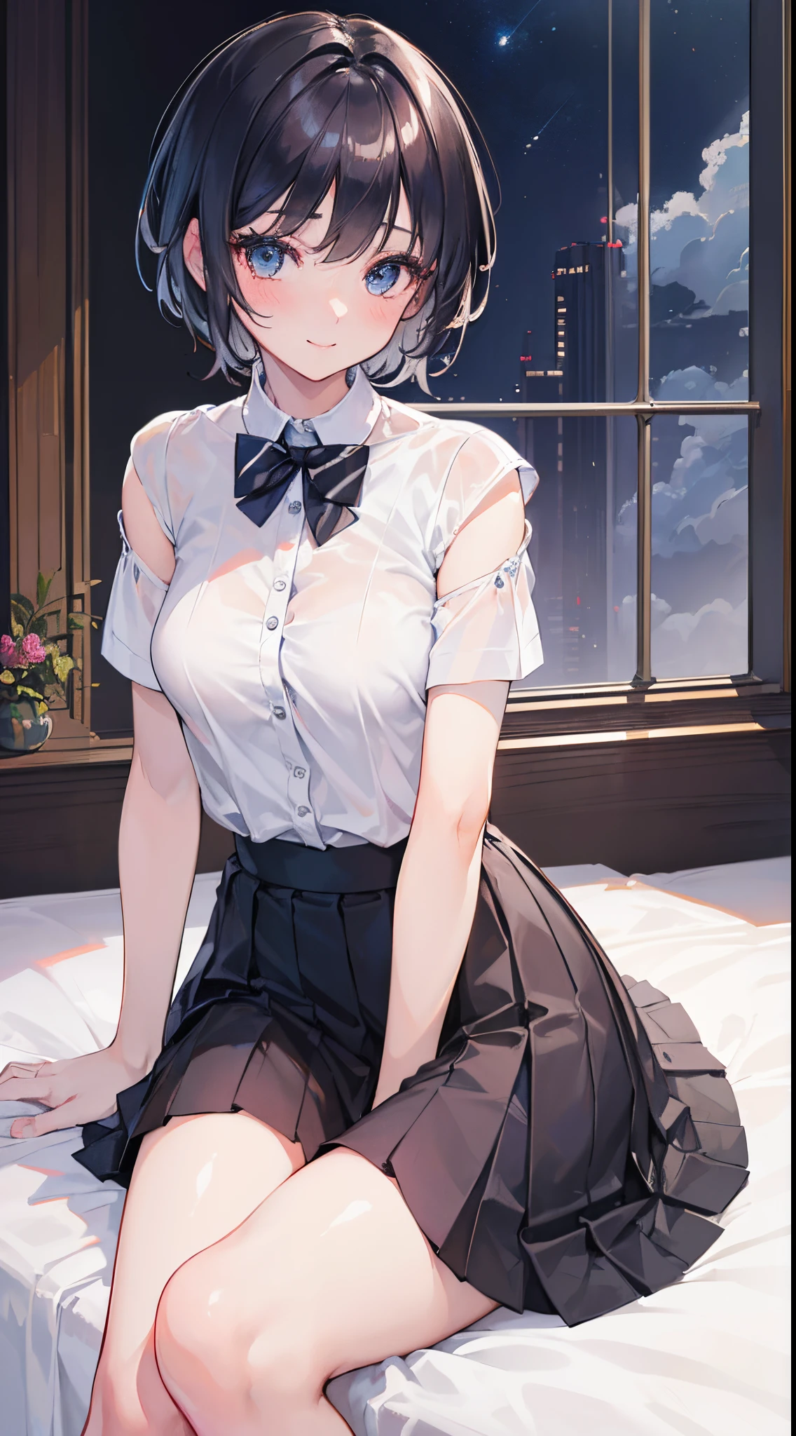 (8K, Raw photo, Best Quality, masters:1.2), (Realistic, Photorealsitic:1.37), ultra-detailliert, 1 girl, Cute, Solo, Beautiful detailed sky, Detailed face, Night, Sitting, Dating, (Blushing), (Smile: 1.1), (Shut up), Big breasts, Beautiful delicate eyes, buttoned undone, (Collar shirt: 1.1), a bow tie, Pleated skirt, (Short hair: 1.2), Flowing hair, long eyelashes, eye shadow, a small face, Big eyes, Full body shot, Bare shoulders, Indoor, bed, 8K,