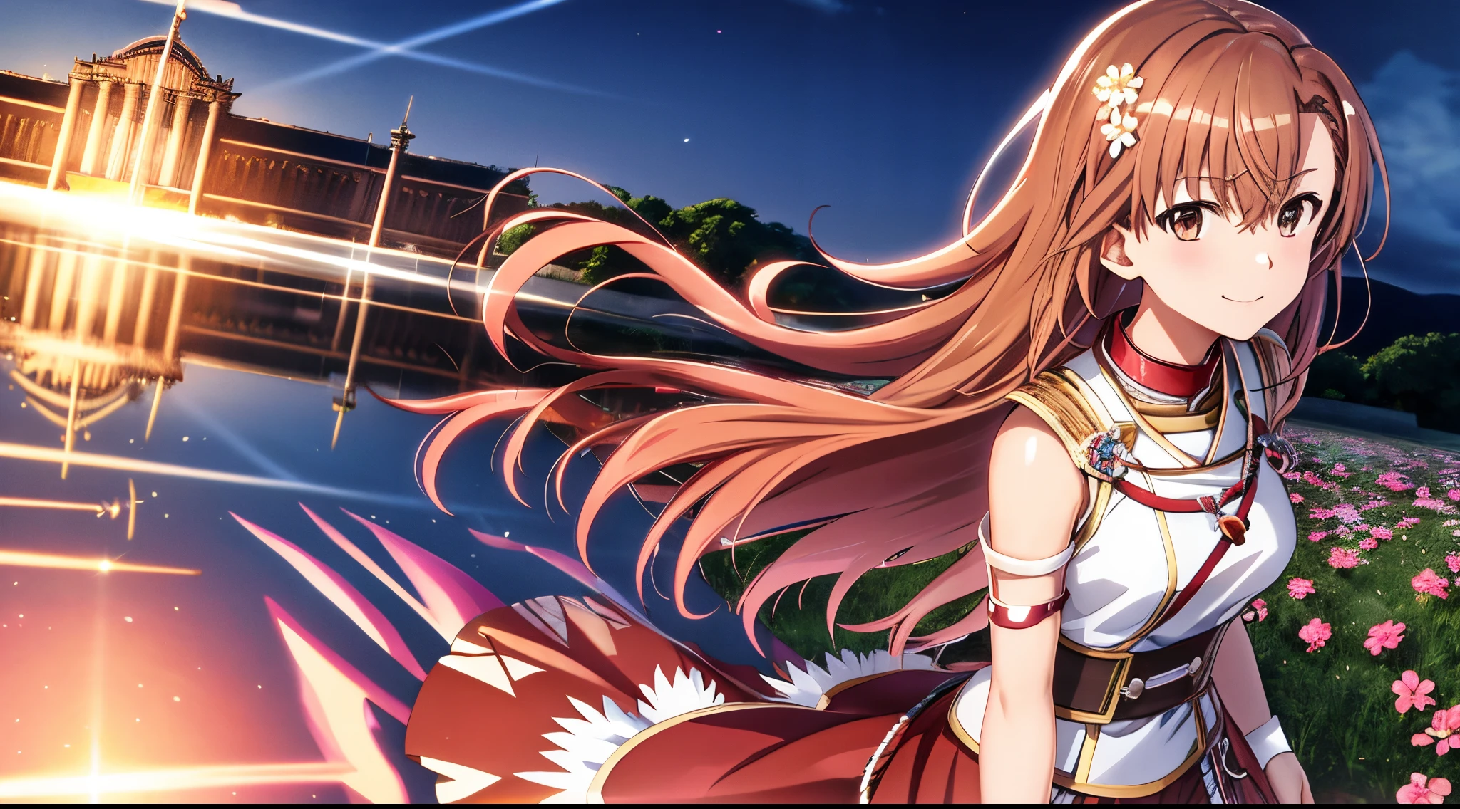 Anime view of Misaka mikoto, 1girl, teen girl, kawaii, solo, chestnut hair, hairpin,brown eyes, standing, looking at viewer,smile,medieval knight armor,praying beads on neck, long skirt,flower fields in greek Acropolis waterfalls,anime style,deep depth of field,wide angle view,Lumen Reflections,Screen Space Reflections,Diffraction Grading,Chromatic Aberration,GB Displacement,Scan Lines,Ray Traced,Anti-Aliasing,FXAA,TXAA,RTX,SSAO,Shaders,OpenGL-Shaders,GLSL-Shaders,Post Processing,Post-Production,cell Shading,Tone Mapping,CGI,VFX,SFX,insanely detailed and intricate, 4K