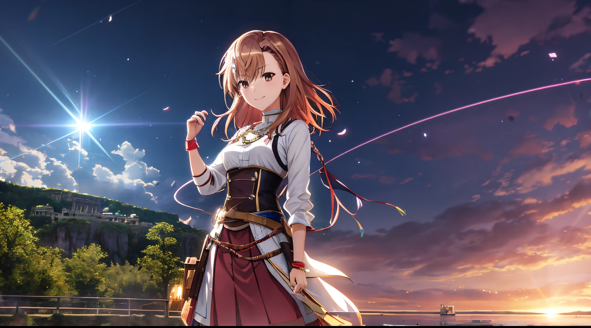 Anime view of Misaka mikoto, 1girl, kawaii, solo, chestnut hair, hairpin,brown eyes, standing, looking at viewer,smile,medieval knight armor,praying beads on neck, long skirt,flower fields in greek Acropolis waterfalls,anime style,deep depth of field,wide angle view,Lumen Reflections,Screen Space Reflections,Diffraction Grading,Chromatic Aberration,GB Displacement,Scan Lines,Ray Traced,Anti-Aliasing,FXAA,TXAA,RTX,SSAO,Shaders,OpenGL-Shaders,GLSL-Shaders,Post Processing,Post-Production,cell Shading,Tone Mapping,CGI,VFX,SFX,insanely detailed and intricate, 4K
