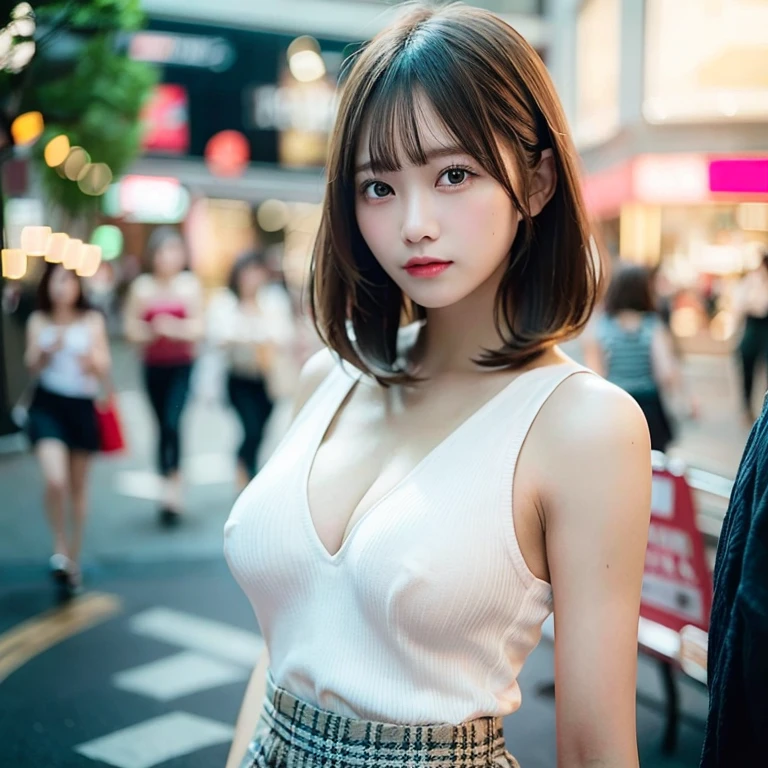Best Quality, masutepiece, 超A high resolution, (Photorealistic:1.4), Bob Cut Hairstyle Dull Bangs Light Hair Girl,Sleeveless、checked skirt (at the mall), (Nice natural breasts:1.2), Looking at Viewer, Film grain, Sony a9 II, Sony FE 85mm f/1.4 GM, Natural sunlight, ))Distant shots show the whole body,Neon Street,A sexy