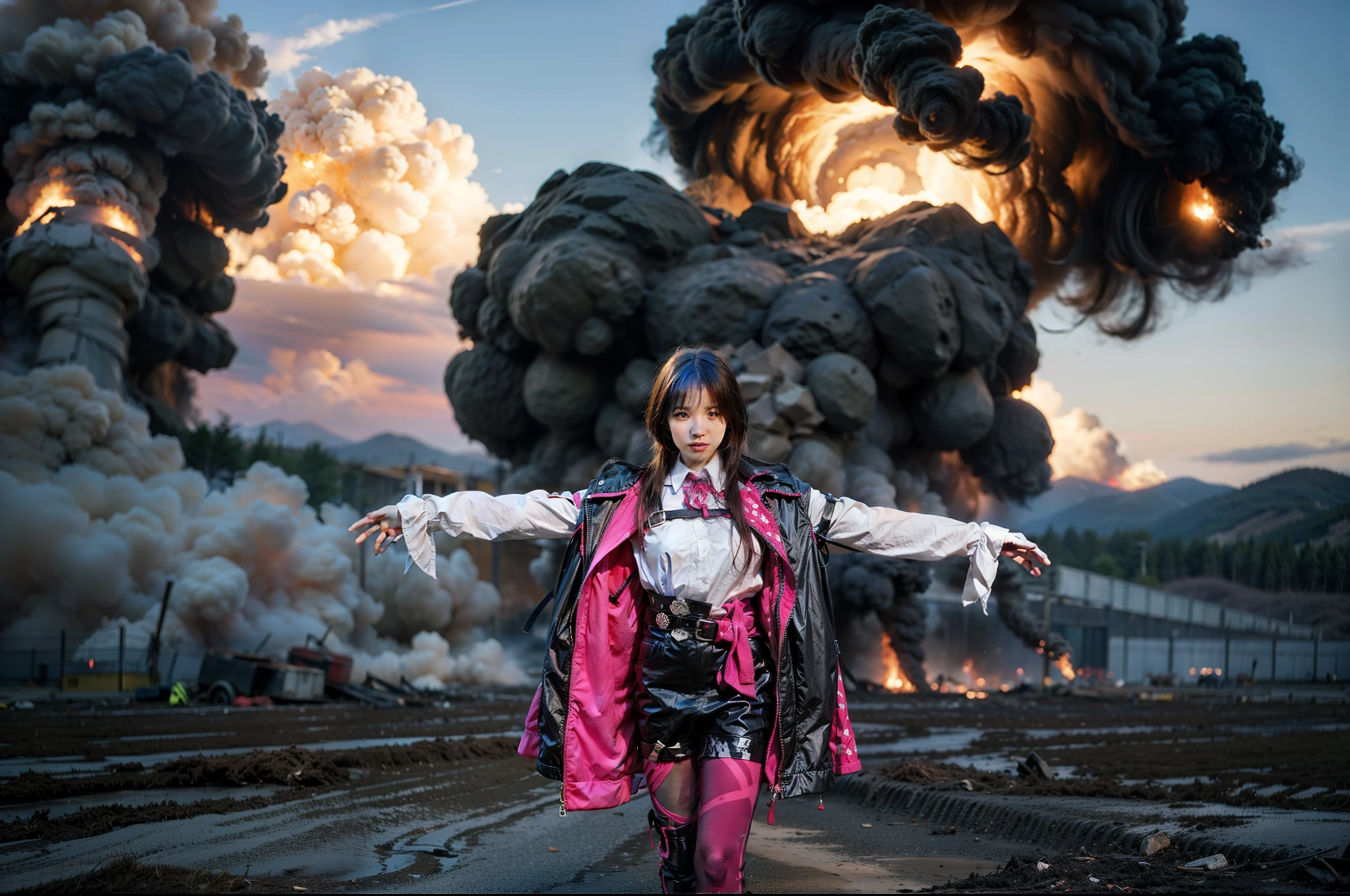 Realistic girl, Photorealistic:1.4, perfect face:1.444, ultra quality:1.444, super detail:1.666, (Gothic architecture), far view background, (The girl came out of a huge explosion, fire burned behind her, the explosion was strong, dirt and rocks were scattered, there was purple smoke surrounding the explosion), nuclear explosion, fire, ((BEST FACE)), (Beautiful face),