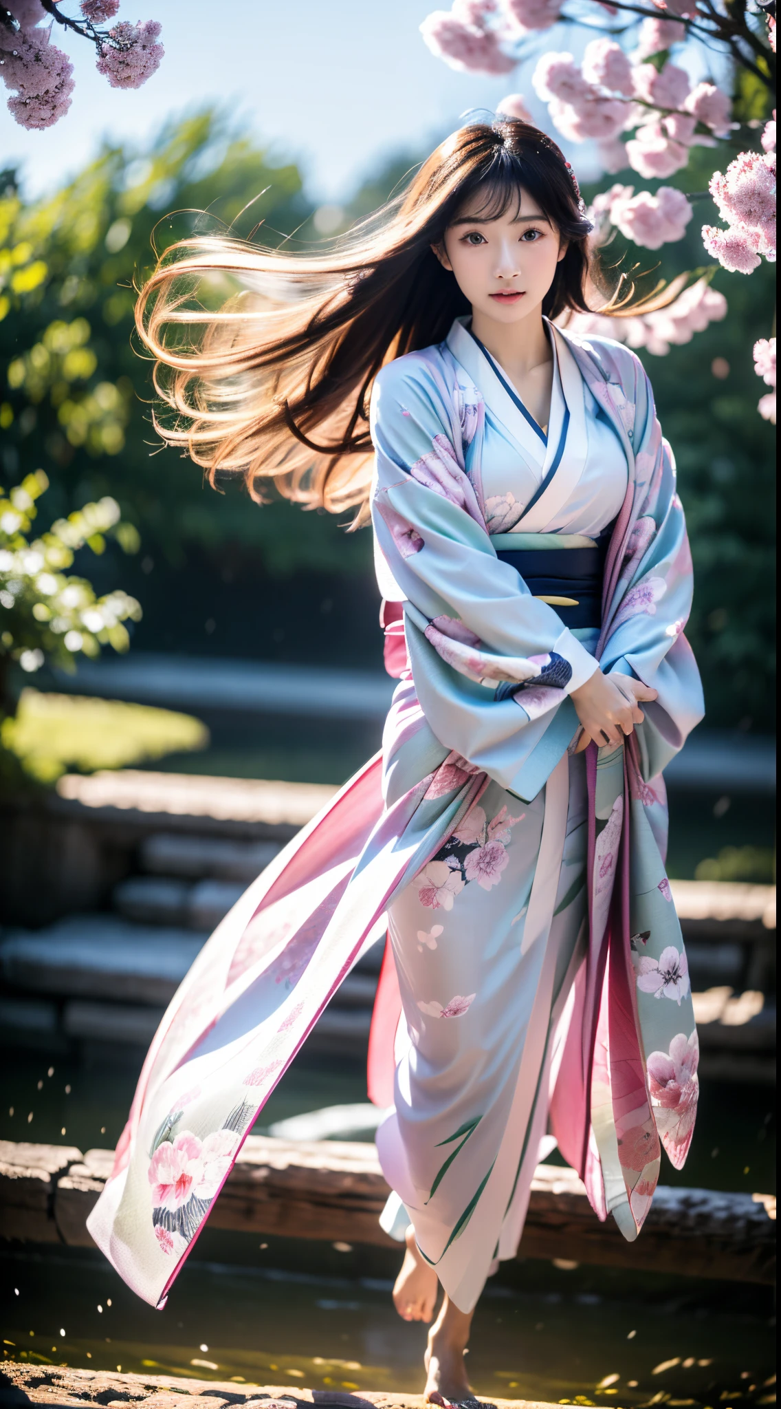 ((Kimono))、((Pink kimono))、(full body Esbian)、(top-quality,masterpiece:1.3、超A high resolution)、(ultra-detailliert、Caustics)、(Photorealsitic:1.4、RAW shooting)、Ultra-realistic capture、A highly detailed、 Skin texture is natural、Pink cherry blossom scenery、(voluminous hair)、25-years old、The skin looks healthy with an even tone、 Use natural light and color、One Woman、japanes、A dark-haired、Middle hair、(Hair swaying in the wind:1.1)、Light in the eyes、Looking at the camera、