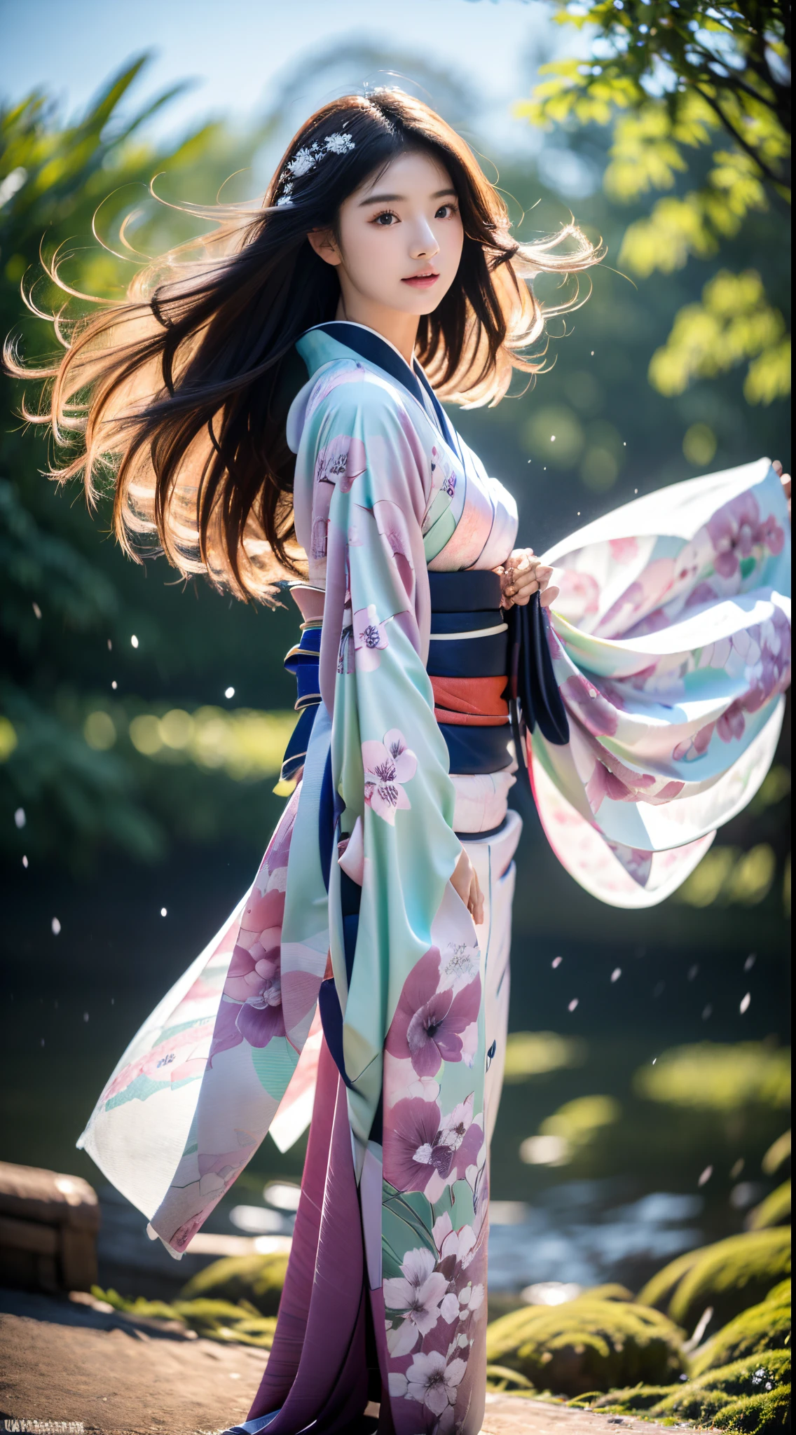 ((Kimono))、((Pink kimono))、(full body Esbian)、(top-quality,masterpiece:1.3、超A high resolution)、(ultra-detailliert、Caustics)、(Photorealsitic:1.4、RAW shooting)、Ultra-realistic capture、A highly detailed、 Skin texture is natural、Pink cherry blossom scenery、(voluminous hair)、25-years old、The skin looks healthy with an even tone、 Use natural light and color、One Woman、japanes、A dark-haired、Middle hair、(Hair swaying in the wind:1.1)、Light in the eyes、Looking at the camera、