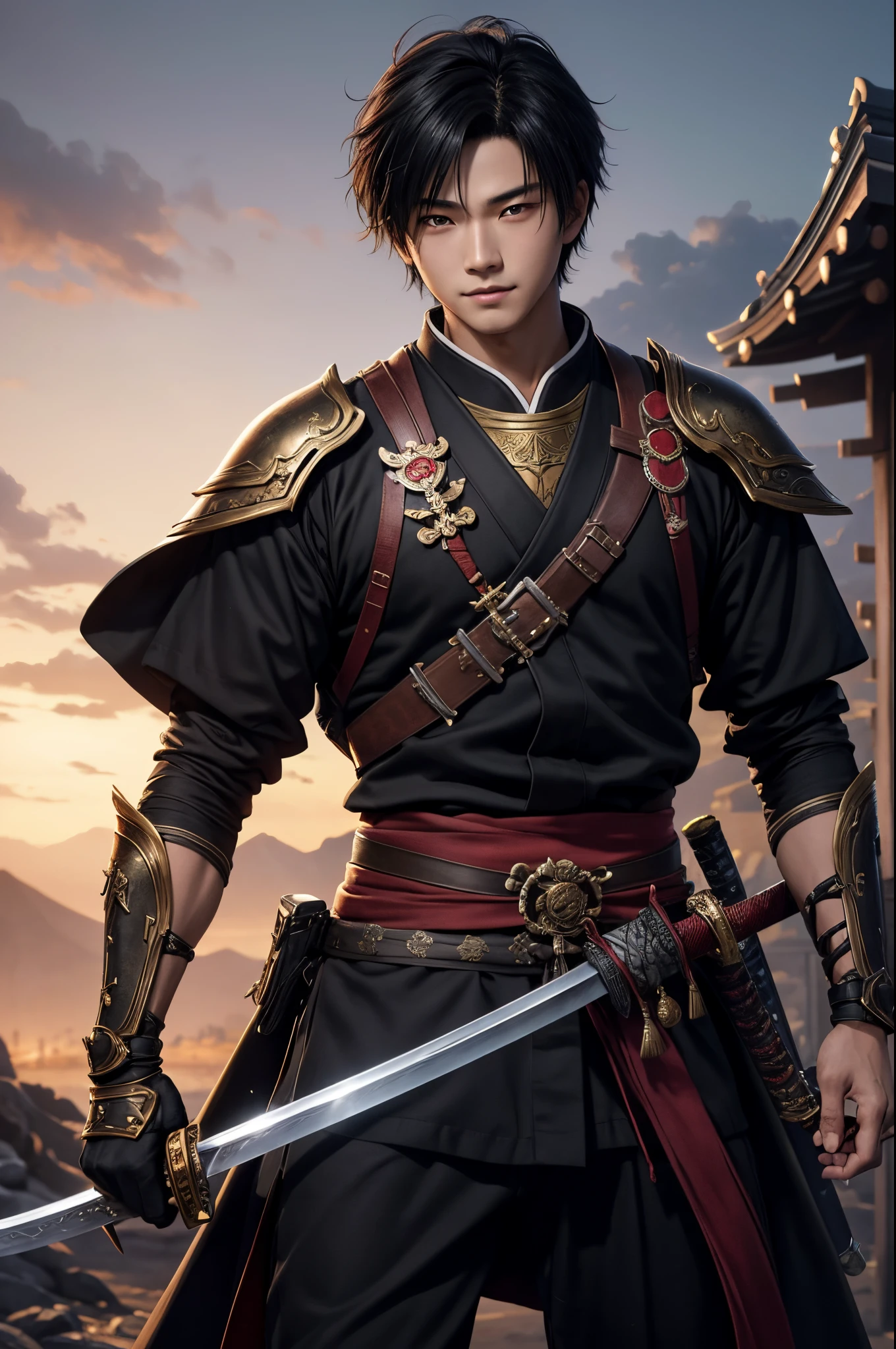 8K、独奏、16 year old boy,Super handsome boy,handsome boy with dark eyes,Black hair short bob hair,Black and red exterior,Golden decoration(Armed with a long Japanese sword)、facing the front there、demon slayer boy,ruins,magnificent artwork、Wind effect:1.9、cloud effect:1.2、Full Rendering、Encaustic Painting、unrealengine、1 Japan sword,An expression that remains innocent,Cute Boy,超A high resolution,super realistic skin,Super precise hand details,１holding a book Japanese sword,Fantasyart,a smile,