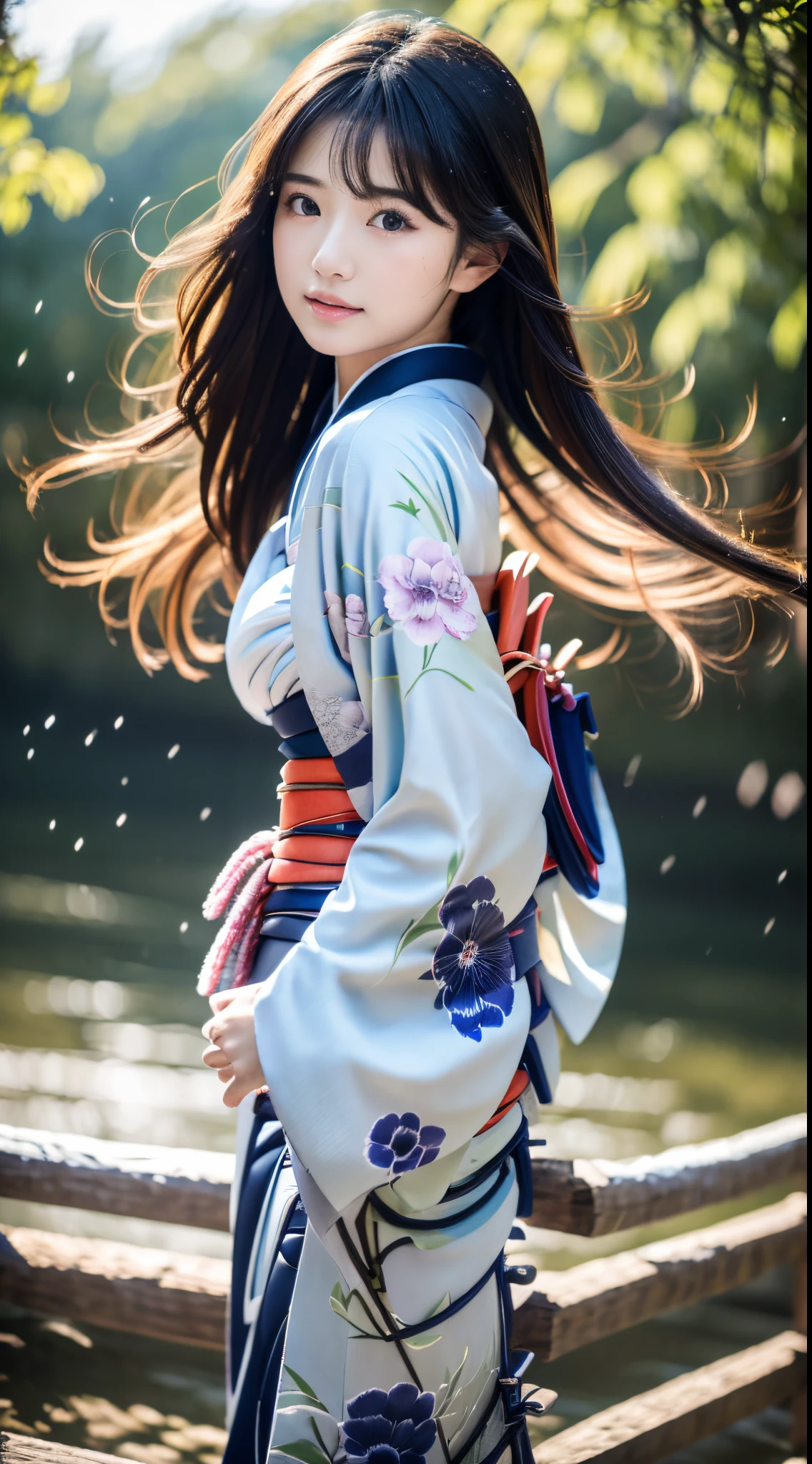 ((Kimono))、(full body Esbian)、(top-quality,masterpiece:1.3、超A high resolution)、(ultra-detailliert、Caustics)、(Photorealsitic:1.4、RAW shooting)、Ultra-realistic capture、A highly detailed、 Skin texture is natural、(voluminous hair)、25-years old、The skin looks healthy with an even tone、 Use natural light and color、One Woman、japanes、A dark-haired、Middle hair、(Hair swaying in the wind:1.1)、Light in the eyes、Looking at the camera、