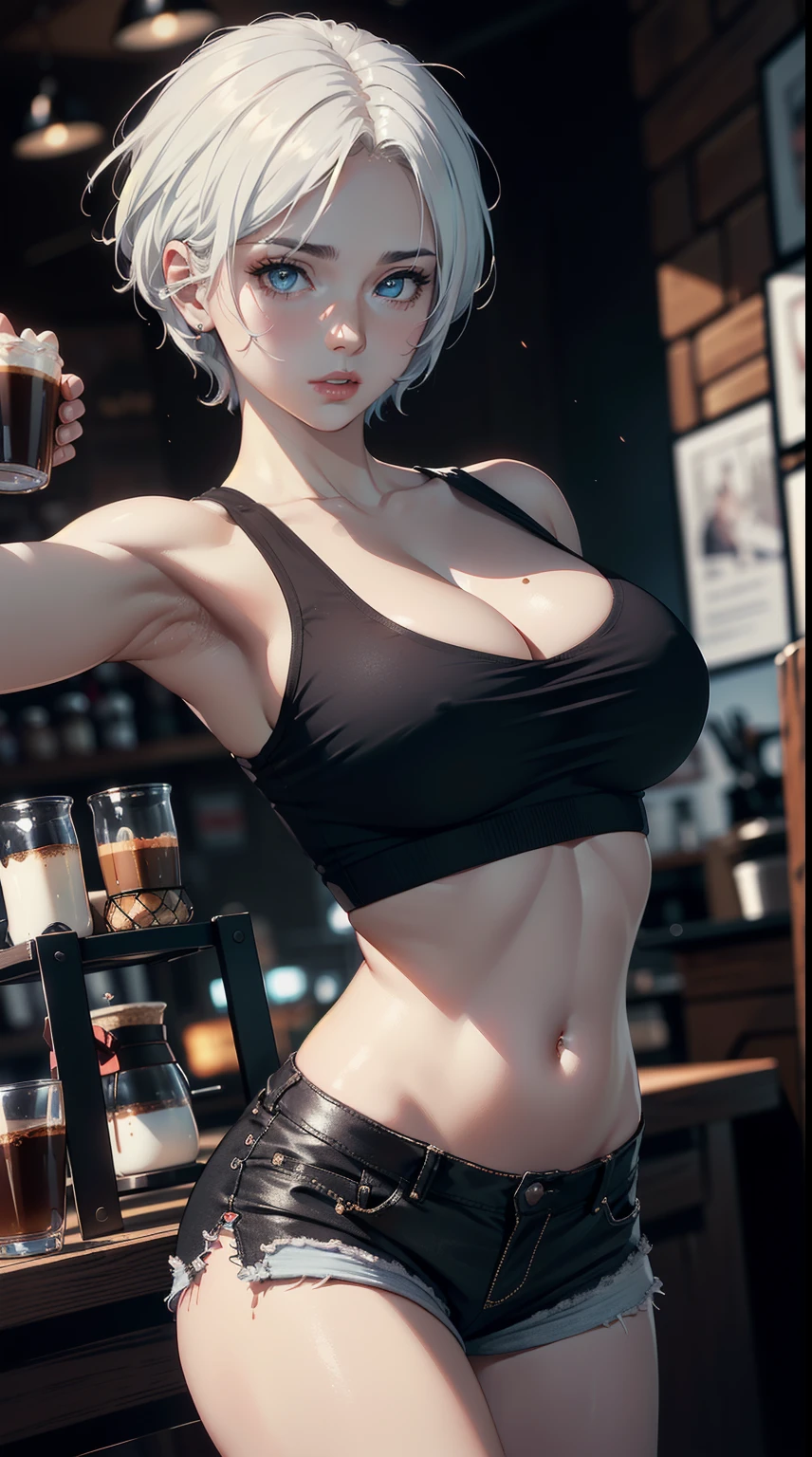 ((4k)),((masterpiece)),(best quality),((ultra detailed)), ((beautiful blurry background)), ((cinematic lighting)), depth of field, (dynamic angle),((beautiful detailed eyes), ((dynamic pose)), pretty face, large boobs, ((cleavage)), ((black crop top)), sexy, navel, shorts, (tomboy girl), coffee shop,white hair, short hair,